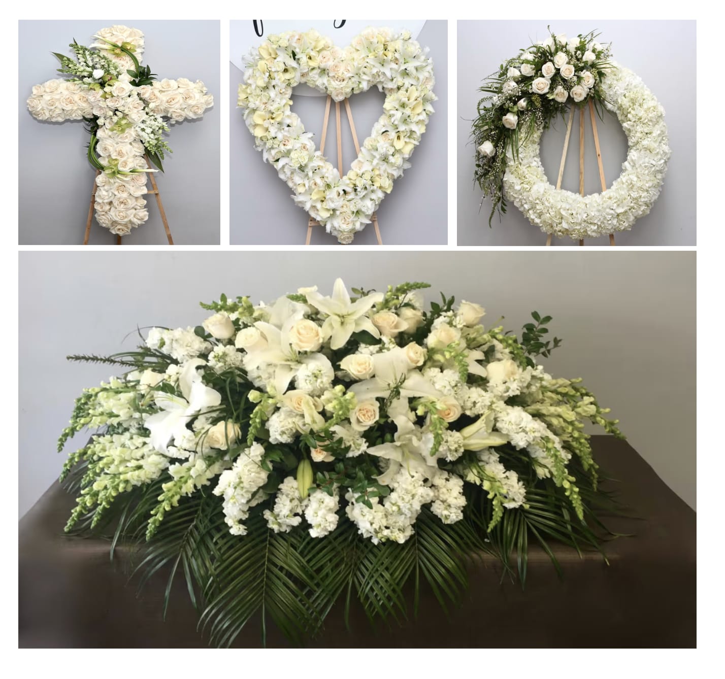 4 Piece - Casket, Cross, heart, wreath 4 Piece - Casket, Cross, heart, wreath - All white Casket, Cross, heart, wreath package. Our bundles include a 10% discount for all sizes.