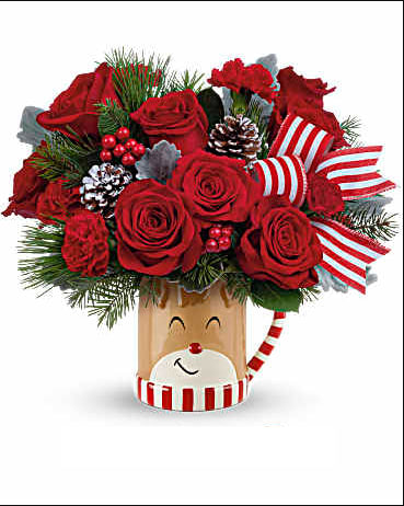 Send a Hug Reindeer Wishes Send a Hug Reindeer Wishes - Overflowing with festive blooms, this adorable reindeer delivers your holiday wishes! The glazed ceramic mug adds a whimsical touch to your seasonal sipping. From November 14 through December 31, 15% of the purchase price from all Teleflora's Send A Hug® Reindeer Wish Bouquet and Send A Hug® Merry Reindeer Tree sales will directly help grant children's wishes with Make-A-Wish.* *Total campaign donation to Make-A-Wish to equal $250,000. This delightful bouquet showcases red roses, red carnations, miniature red carnations, dusty miller, douglas fir, and white pine. It's beautifully presented in Teleflora's Send a Hug® Reindeer Wish Mug, perfect for spreading holiday cheer. Orientation: All-Around