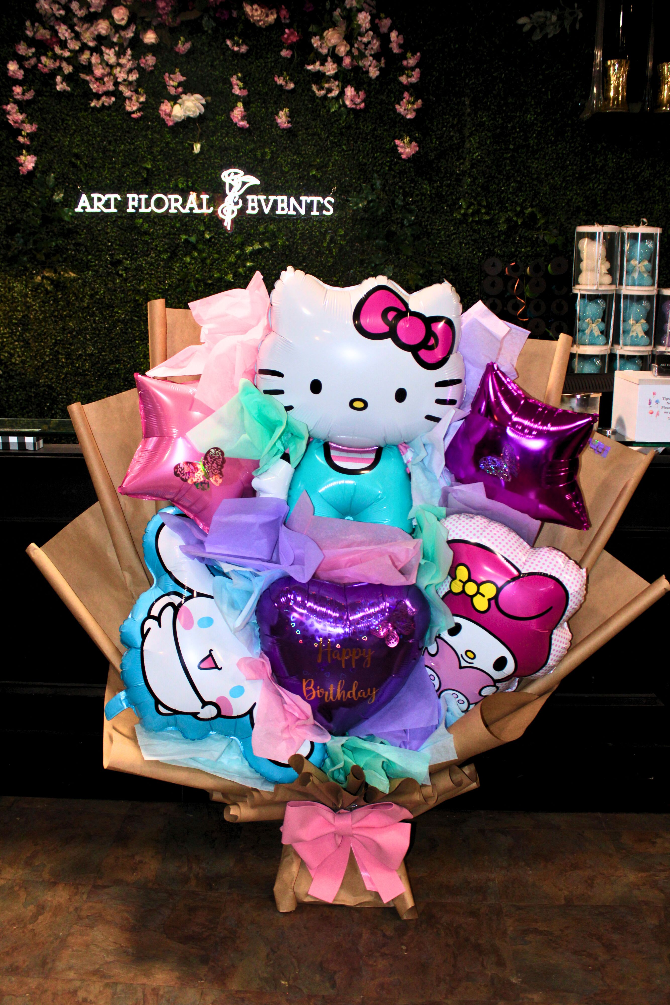 Hello Kitty Balloon Bouquet - Featuring Trending Jumbo &quot;Hello Kitty&quot; and &quot;My Melody&quot; character balloons, Purple and Pink star and heart shaped balloons with a &quot;Happy Birthday&quot; Gold Foil Message and Decorative Butterflies  *PLEASE NOTE IF THE OCCASION NEEDED IS NOT A BIRTHDAY WE CAN CHANGE THE GOLD MESSAGE TO SAY SOMETHING ELSE just note whatever message you'd like on the &quot;Notes for the florist/special instructions&quot; section at checkout*
