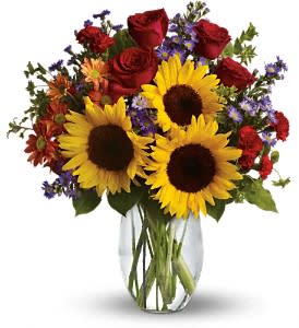 Pure Happiness  - Pure happiness is what this pretty bouquet delivers - whether you're sending it for a fall birthday, Thanksgiving, thank you, or simply just because. Surely, no one can be in the presence of something so inherently happy and not smile.  Sunny sunflowers, red roses and miniature carnations, bronze daisy spray chrysanthemums, large lavender monte cassino asters and autumn greens are beautifully arranged in a clear glass vase.  Approximately 19 1/2&quot; W x 21 1/2&quot; H  Orientation: All-Around 