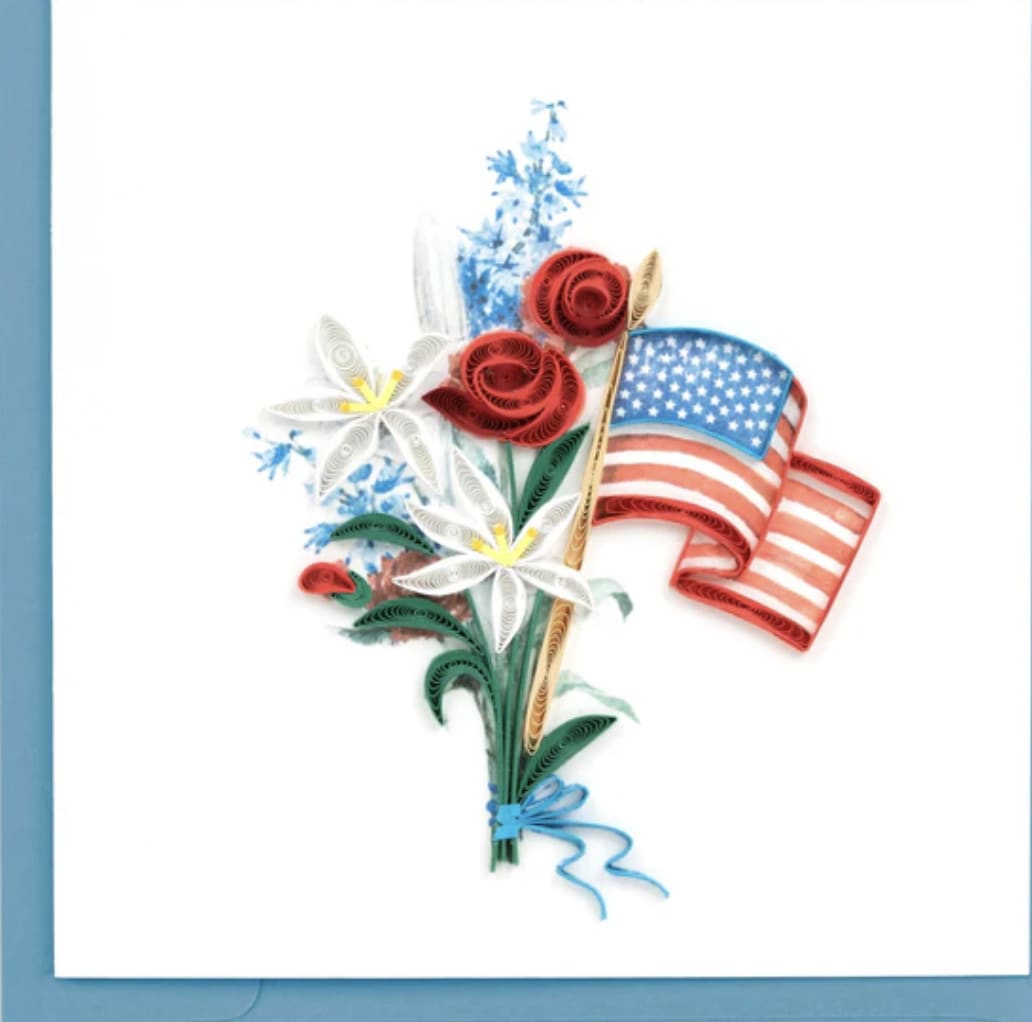Memorial Day Flowers Memorial Day Flowers - his handmade memorial day card including the flag, is sure to touch the hearts of all who love and cherish the United States.Each quilled card is beautifully handmade by a highly skilled artisan and takes one hour to create. A quilled card is meant for you to share, treasure as a keepsake, or display as the work of art it is. Verified Fair Trade Federation Member Outside Copy: Blank Inside Copy: Blank plus additional blank insert to write your own message on Size: 6 in. x 6 in. Envelope Color: Blue