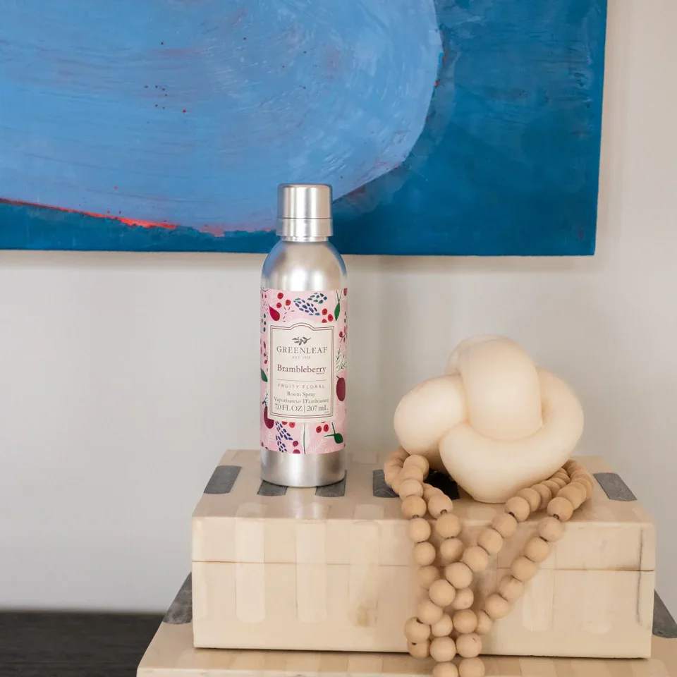 Brambleberry Spray Brambleberry Spray - Enjoy an instant burst of your favorite Greenleaf fragrance with just one spray! Our Non-Aerosol Room Spray is perfect for fragrancing bathrooms, bedrooms, and every room in between. What Makes it Special: Beautiful fragrance created in-house by a team of professional perfumers Non-aerosol Fragrance: Brambleberry Fragrance Description: Sweet scents of raspberry, cassis, combined with rose and vanilla are spun together and softened with musk and amber for a berry festive fragrance. Use and Care: Shake well before use Spray mist directly into the air to refresh your space Specifications Volume: 7 oz Product Size (inches): 2.0l x 2.0w x 7.0h Package Weight (pounds): 0.6