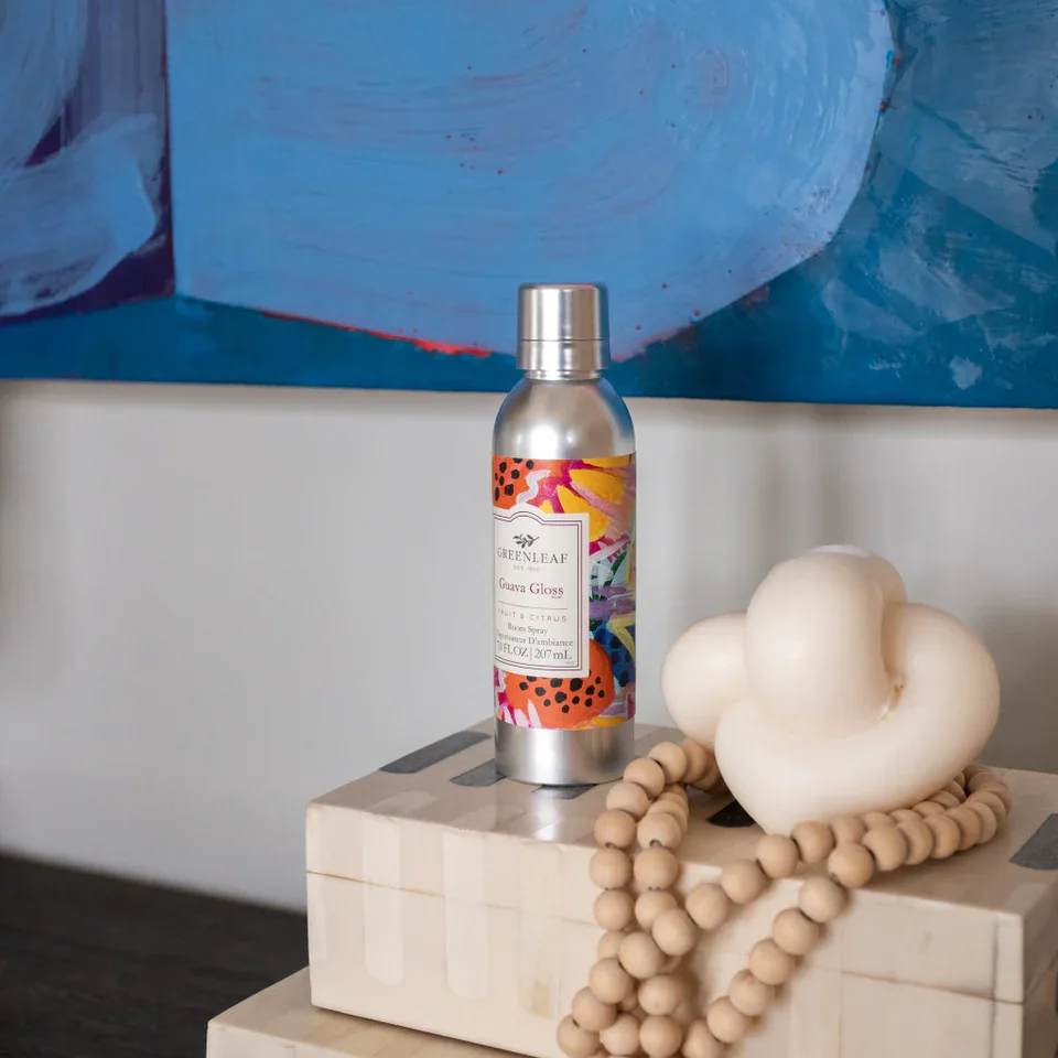Guava Gloss Room Spray Guava Gloss Room Spray - Enjoy an instant burst of your favorite Greenleaf fragrance with just one spray! Our Non-Aerosol Room Spray is perfect for fragrancing bathrooms, bedrooms, and every room in between. What Makes it Special: Beautiful fragrance created in-house by a team of professional perfumers Non-aerosol Fragrance: Guava Gloss Use and Care: Shake well before use Spray mist directly into the air to refresh your space