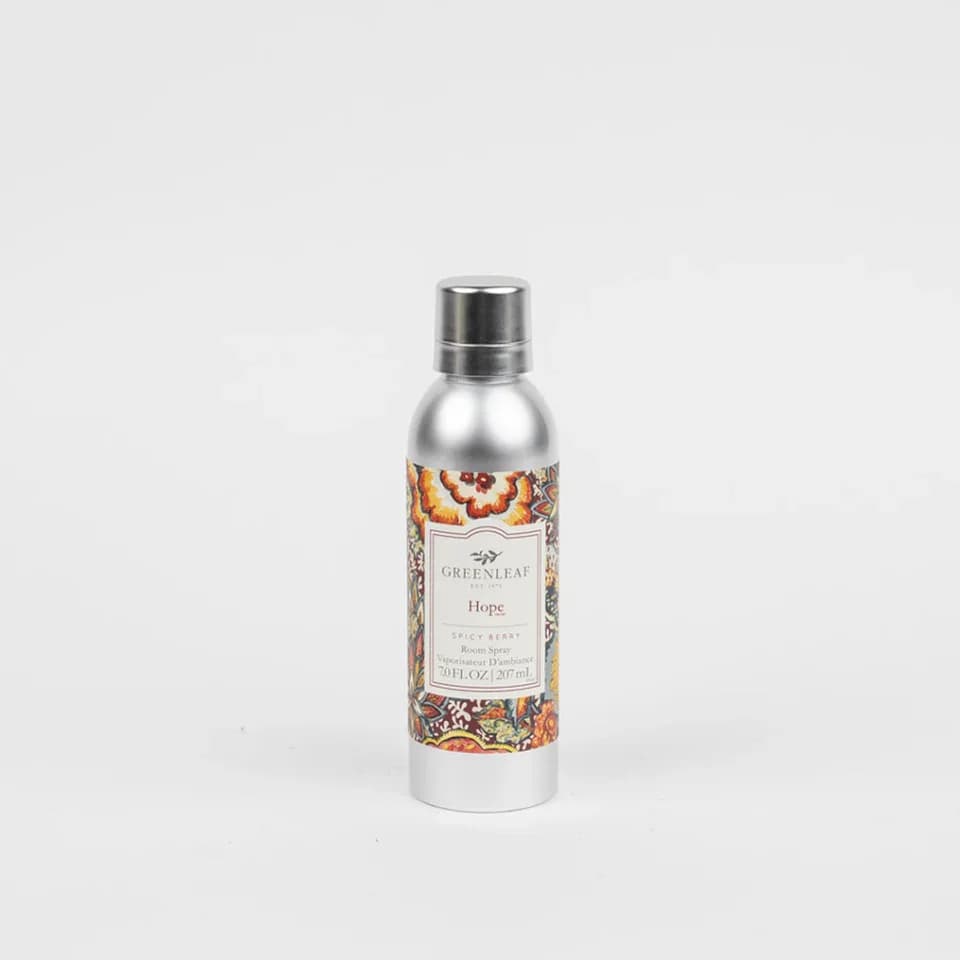 Hope Room Spray Hope Room Spray - Enjoy an instant burst of your favorite Greenleaf fragrance with just one spray! Our Non-Aerosol Room Spray is perfect for fragrancing bathrooms, bedrooms, and every room in between. What Makes it Special: Beautiful fragrance created in-house by a team of professional perfumers Non-aerosol Fragrance: Hope Fragrance Family: Sweet & Spicy Fragrance Description: With a blend of fresh fruit and warming spices, Hope is the fragrance you've been searching for to make your home feel warm and cozy. Use and Care: Shake well before use Spray mist directly into the air to refresh your space