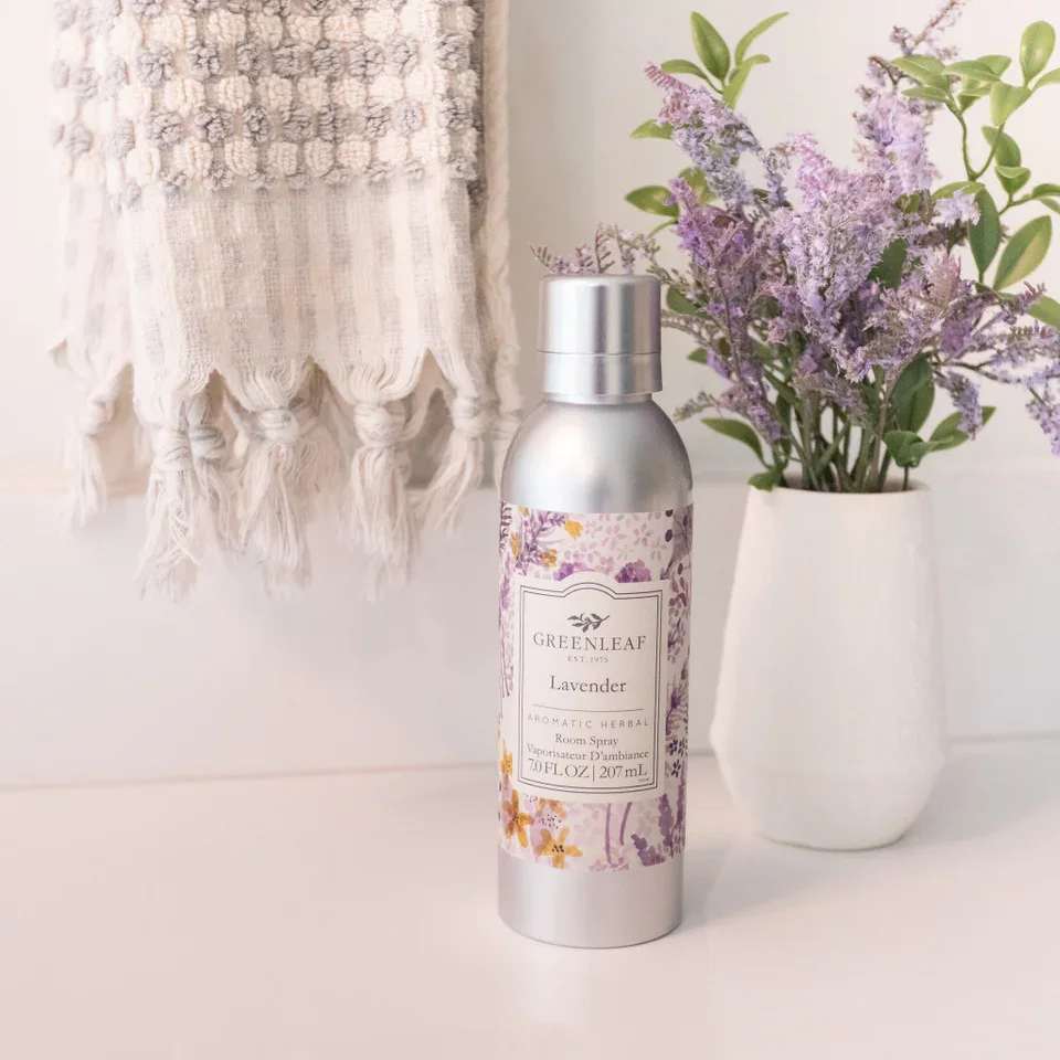 Lavender Room Spray Lavender Room Spray - Enjoy an instant burst of your favorite Greenleaf fragrance with just one spray! Our Non-Aerosol Room Spray is perfect for fragrancing bathrooms, bedrooms, and every room in between. What Makes it Special: Beautiful fragrance created in-house by a team of professional perfumers Non-aerosol Fragrance: Lavender Fragrance Family: Floral Fragrance Description: A much needed tranquil encounter, Lavender combines the freshness of herbs with sweet florals to create a perfectly calm and peaceful scent. Use and Care: Shake well before use Spray mist directly into the air to refresh your space