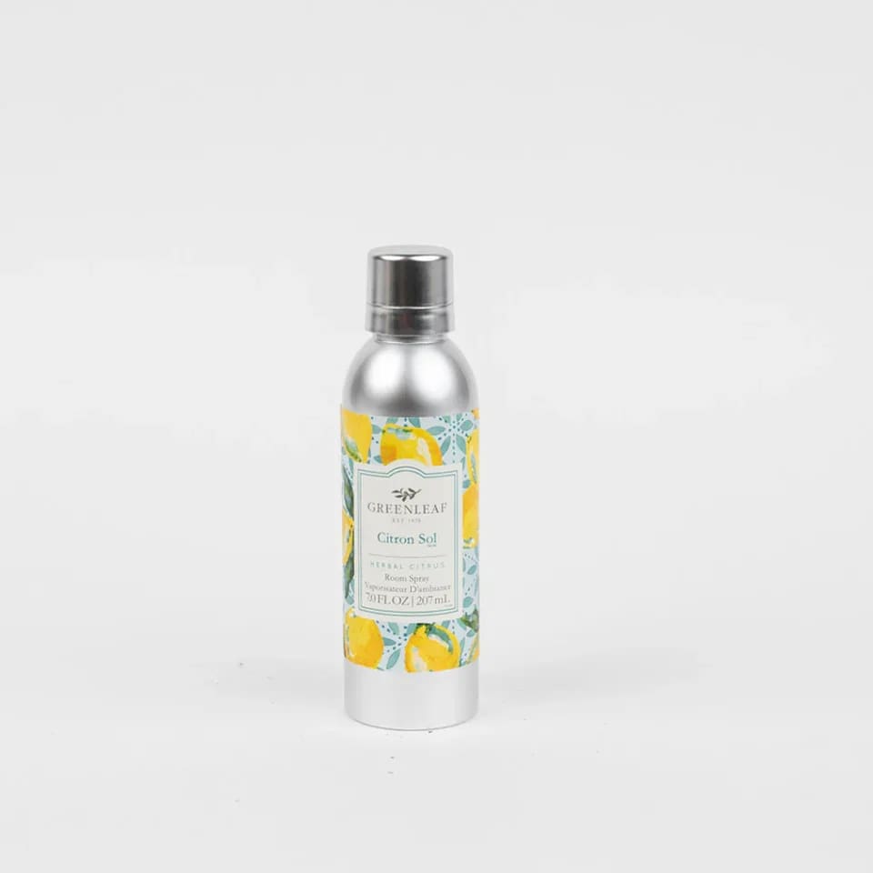 Citron Sol Room Spray Citron Sol Room Spray - Enjoy an instant burst of your favorite Greenleaf fragrance with just one spray! Our Non-Aerosol Room Spray is perfect for fragrancing bathrooms, bedrooms, and every room in between. What Makes it Special: Beautiful fragrance created in-house by a team of professional perfumers Non-aerosol Fragrance: Citron Sol Fragrance Family: Fresh & Clean Fragrance Description: Clean, radiant, and unbelievably fresh, Citron Sol makes you feel like you're strolling through a citrus grove on a bright, sunny day. Use and Care: Shake well before use Spray mist directly into the air to refresh your space Specifications Volume: 7 oz Product Size (inches): 2.0l x 2.0w x 7.0h Package Weight (pounds): 0.6