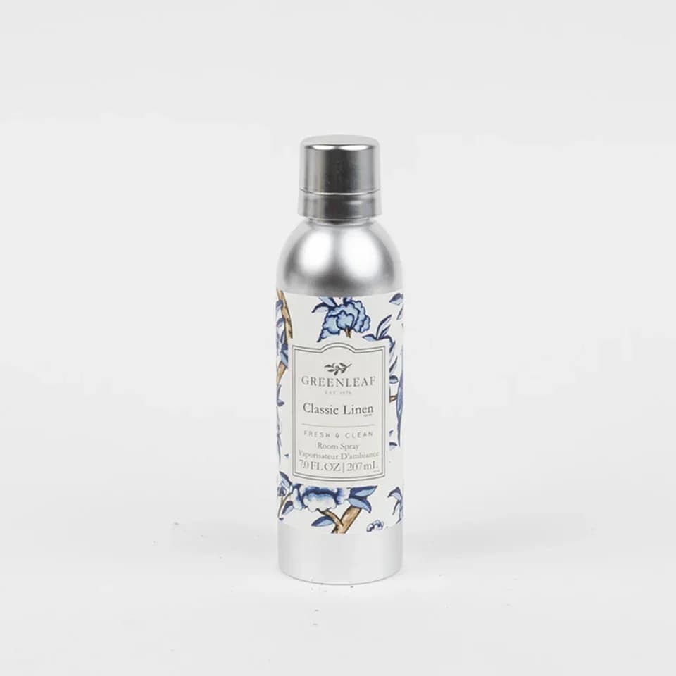 Classic Linen Room Spray Classic Linen Room Spray - Enjoy an instant burst of your favorite Greenleaf fragrance with just one spray! Our Non-Aerosol Room Spray is perfect for fragrancing bathrooms, bedrooms, and every room in between. What Makes it Special: Beautiful fragrance created in-house by a team of professional perfumers Non-aerosol Fragrance: Classic Linen Fragrance Family: Fresh & Clean Fragrance Description: Classic Linen is a crisp, clean scent that's reminiscent of that satisfying moment when you sink into a bed made with freshly laundered sheets. Use and Care: Shake well before use Spray mist directly into the air to refresh your space Specifications Volume: 7 oz Product Size (inches): 2.0l x 2.0w x 7.0h Package Weight (pounds): 0.6