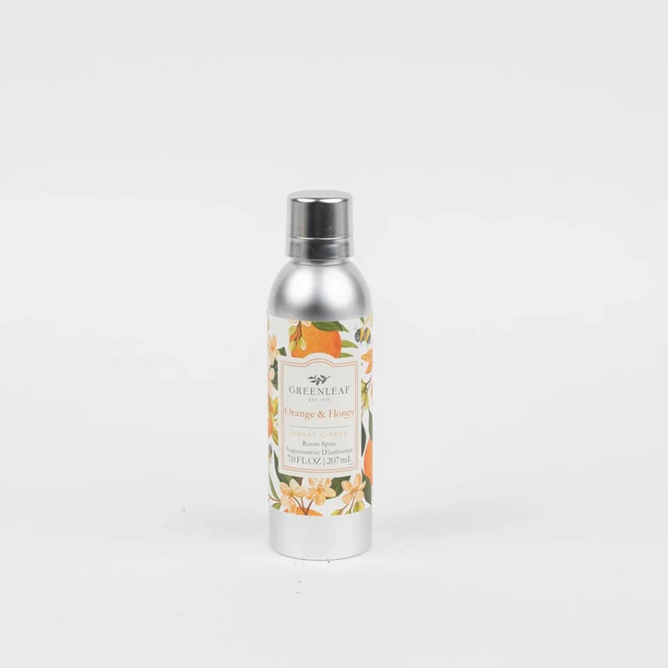 Orange & Honey Room Spray Orange & Honey Room Spray - Enjoy an instant burst of your favorite Greenleaf fragrance with just one spray! Our Non-Aerosol Room Spray is perfect for fragrancing bathrooms, bedrooms, and every room in between. What Makes it Special: Beautiful fragrance created in-house by a team of professional perfumers Non-aerosol Fragrance: Orange & Honey Fragrance Family: Fruit & Vine Fragrance Description: Revitalizing through and through, Orange & Honey lands the senses amidst a picturesque orange grove where clusters of nature's candy gleam in ripened glory. Use and Care: Shake well before use Spray mist directly into the air to refresh your space