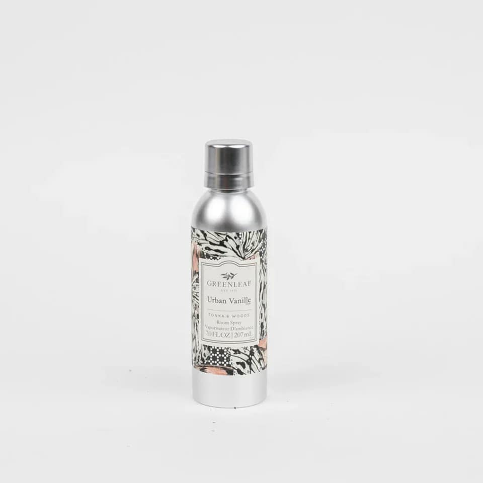 Urban Vanille Room Spray Urban Vanille Room Spray - Enjoy an instant burst of your favorite Greenleaf fragrance with just one spray! Our Non-Aerosol Room Spray is perfect for fragrancing bathrooms, bedrooms, and every room in between. What Makes it Special: Beautiful fragrance created in-house by a team of professional perfumers Non-aerosol Fragrance: Urban Vanille Fragrance Family: Sweet & Spicy Fragrance Description: Warm and familiar, but with a touch of something exotic, this delicate fragrance is filled to the brim with cozy notes of cinnamon, tobacco leaf, cedar, and vanilla. It's the perfect excuse to sit back, relax, and take a deep breath. Use and Care: Shake well before use Spray mist directly into the air to refresh your space