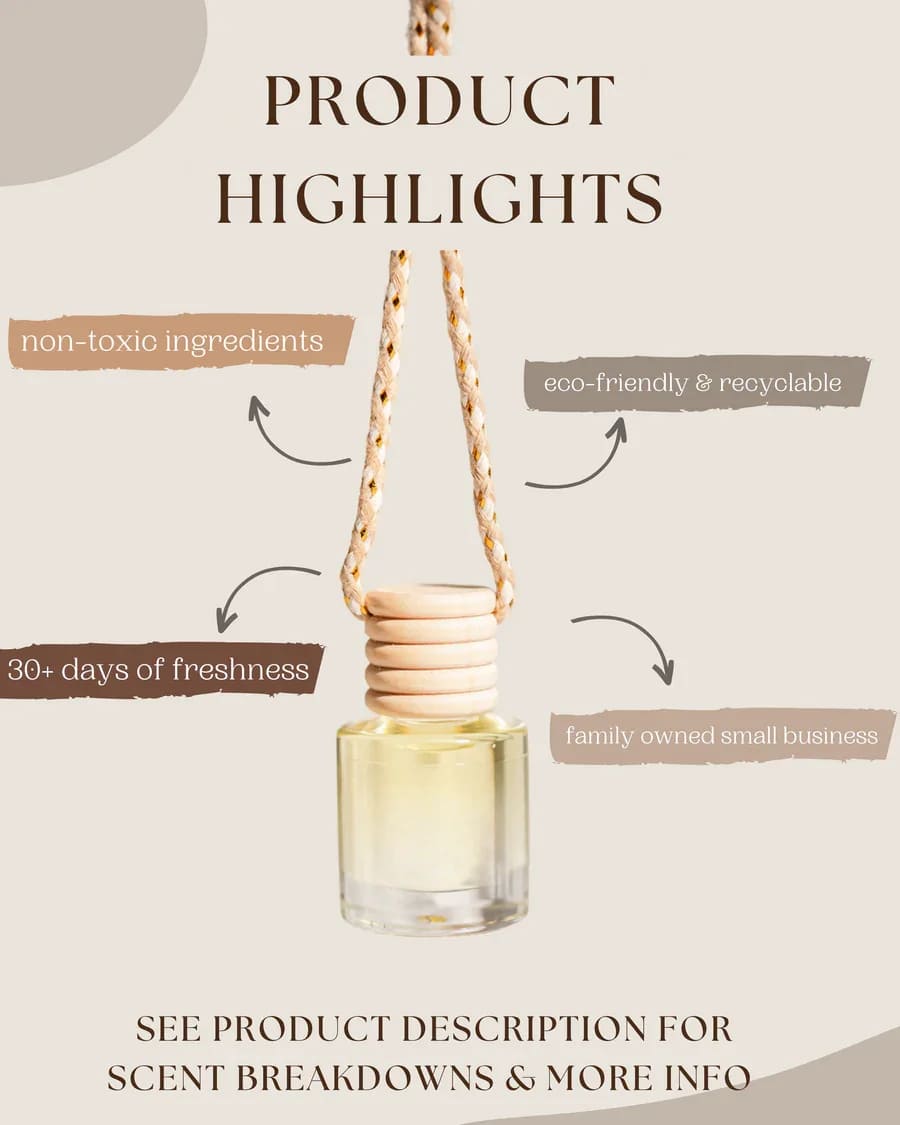 Peppermint Mocha Car Diffuser  - Peppermint Mocha  High quality, phthalate-free fragrances in a neutral, minimalistic car diffuser that provides lasting fragrance for 30+ days   Net Weight: 8 mL  