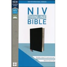 NIV Thinline Bible Black, Bonded Leather NIV Thinline Bible Black, Bonded Leather - The NIV Thinline Bible captures the depth and beauty of the Bible in a take-anywhere size. With a new custom typeface, this Bible delivers a more pleasant reading experience. Measuring less than an inch thick, it is perfect to take to work, travel, church, and Bible study for on the go access to God's word. Features Include 9-point print size Less than one inch thick Words of Christ in red Double-column format Presentation page Two satin ribbon markers