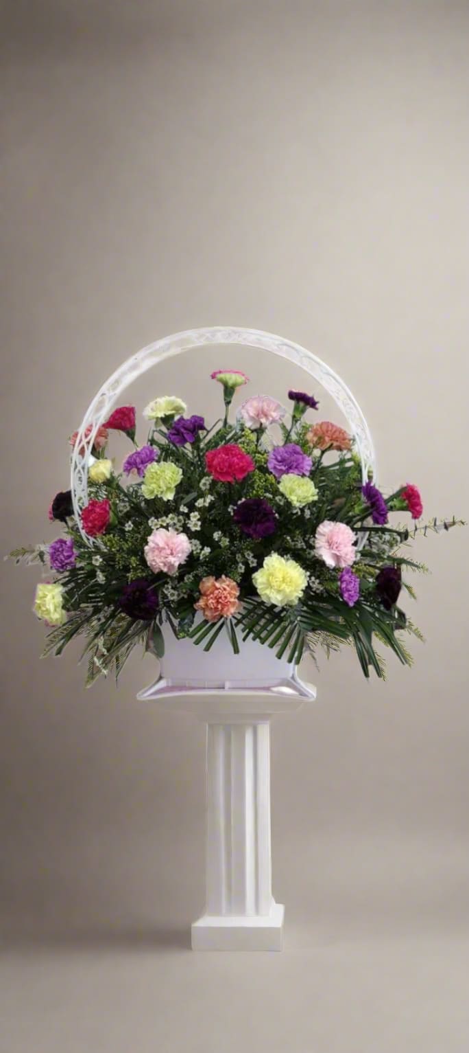 Carnation Comfort Basket - Celebrate the beauty of life with our Carnation Comfort funeral basket, a heartfelt tribute designed to bring solace during difficult times. This traditional arrangement features a stunning array of vibrant carnations, artfully combined with lush greens and delicate fillers, creating a comforting presence that honors your loved one’s memory  **When crafting floral arrangements, we aim to replicate the image as closely as possible. Remember, each design is one-of-a-kind and tailored specifically for you. Given the characteristics of flowers, some color adjustments may be necessary. Additionally, the prices and availability of seasonal blooms can vary.