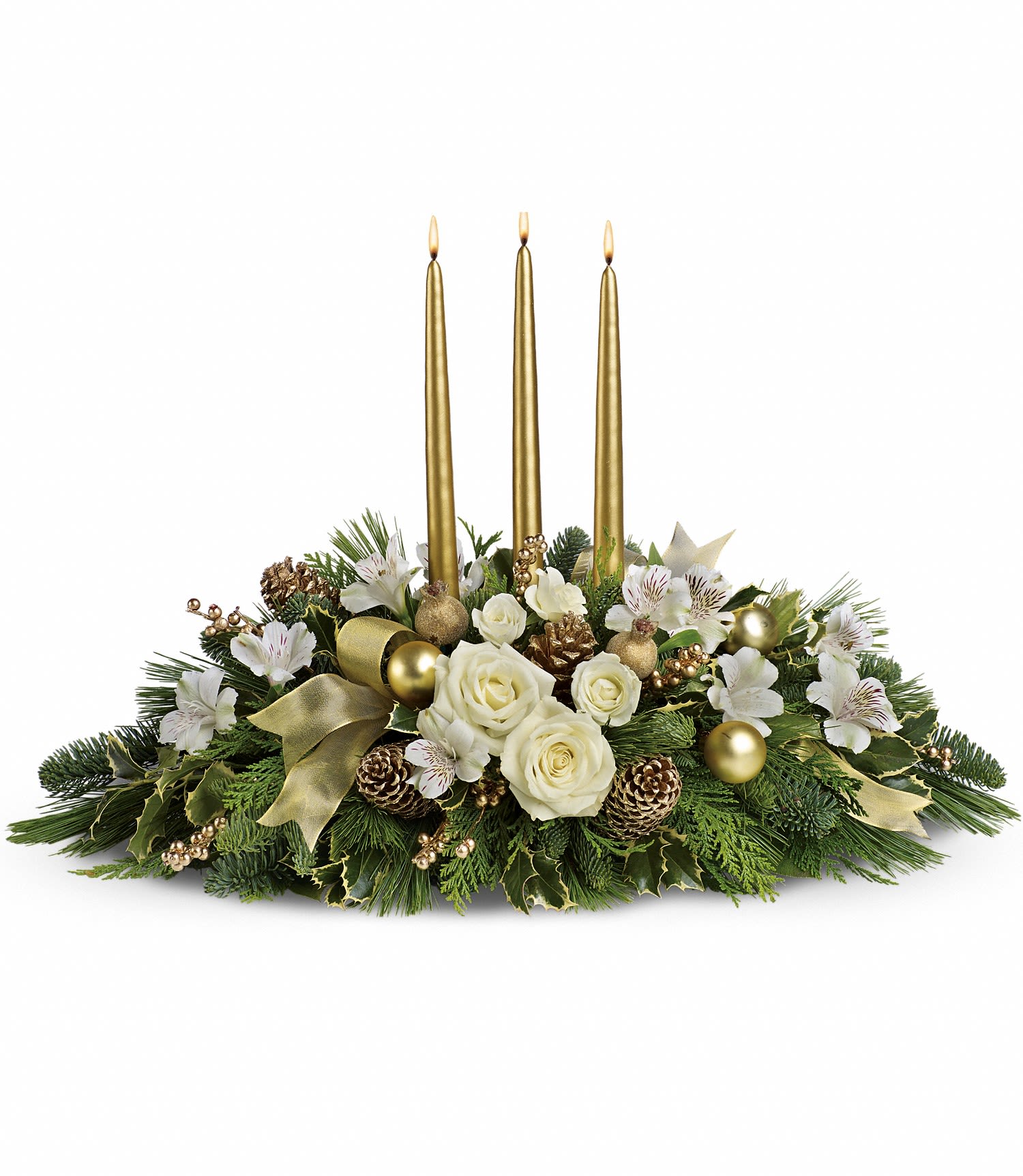 Royal Christmas Centerpiece - a beautiful white centerpiece designed with white roses, white alstroemeria, white spray roses, pine cones, golden Christmas ornaments, &amp; golden taper candles.
