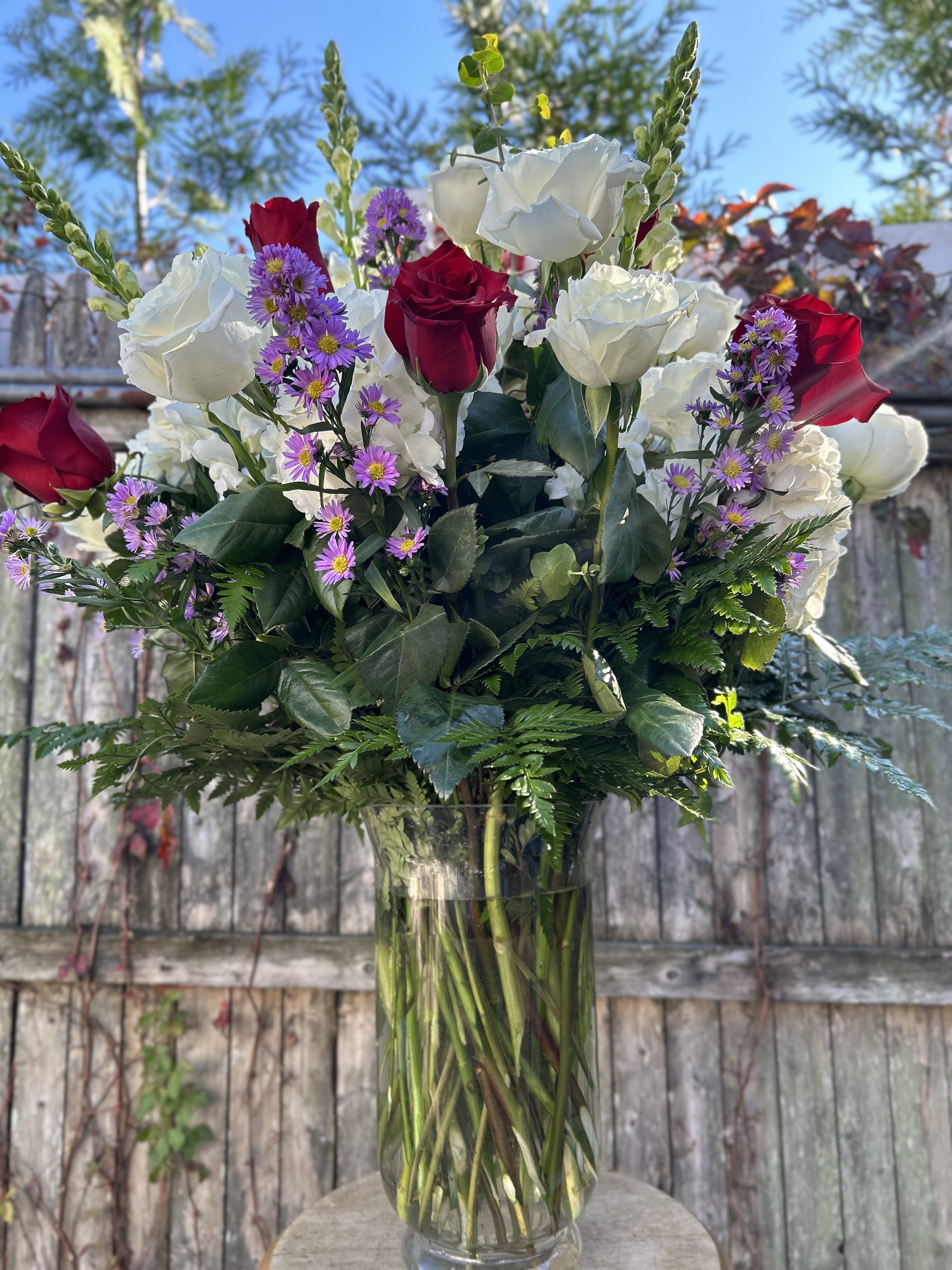 Always and forever - 2 dozen of roses mix colors, Hydrangeas, Aster 