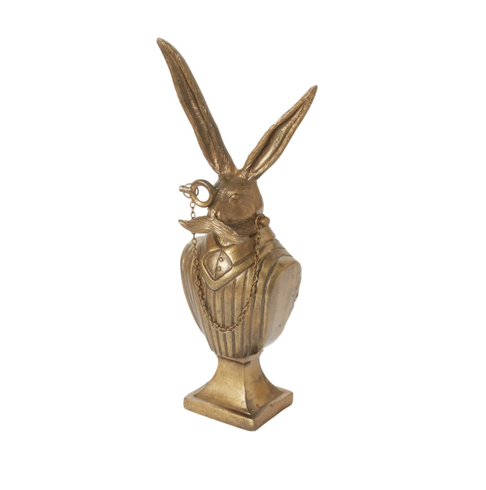 Eric Bust - Bring a touch of whimsical sophistication to your space with Eric the Bust. Designed with impeccable detail, this 17.75&quot; tall statement piece features a refined rabbit figure adorned with Victorian-inspired attire. Complete with a monocle and pocket chain, Eric exudes timeless charm and elegance while adding a playful twist to any room.  Crafted from cast aluminum with an antique gold finish, Eric stands on a sturdy base that measures 6.75&quot; x 4&quot;, making it the perfect decorative addition to console tables, bookshelves, or office spaces. Ideal for those who appreciate a unique blend of classic style and artistic quirk.  Dimensions: 6.75&quot; x 4&quot; x 17.75&quot; Material: Cast aluminum with antique gold finish Color: Antique gold  Add Eric to your collection and let his sophisticated personality elevate your décor.