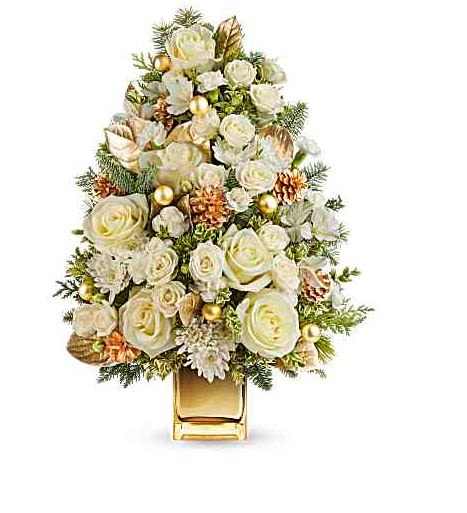 OH CHRISMAS GOLD AND WHITE OH CHRISMAS GOLD AND WHITE - The joy of gift-giving comes alive with our Oh Christmas Holiday Flower Tree, trimmed in festive blooms, is decorated Complete with white-tipped pinecones and holiday ornaments, in gold and white it’s a magical collectible for the holiday season.