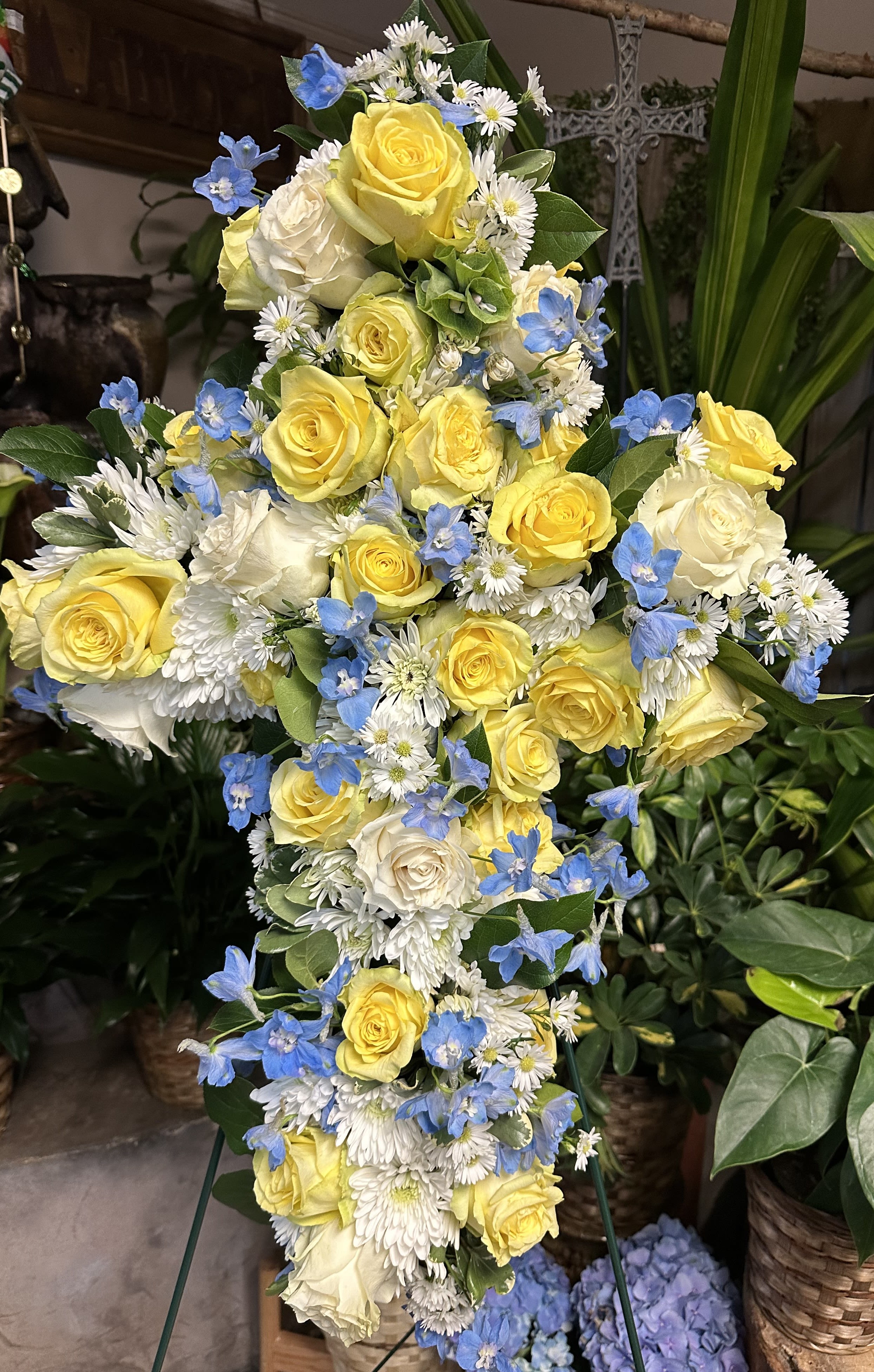 Yellow White Cross Yellow White Cross - Yellow Roses, White Roses, Blue Delphinium,