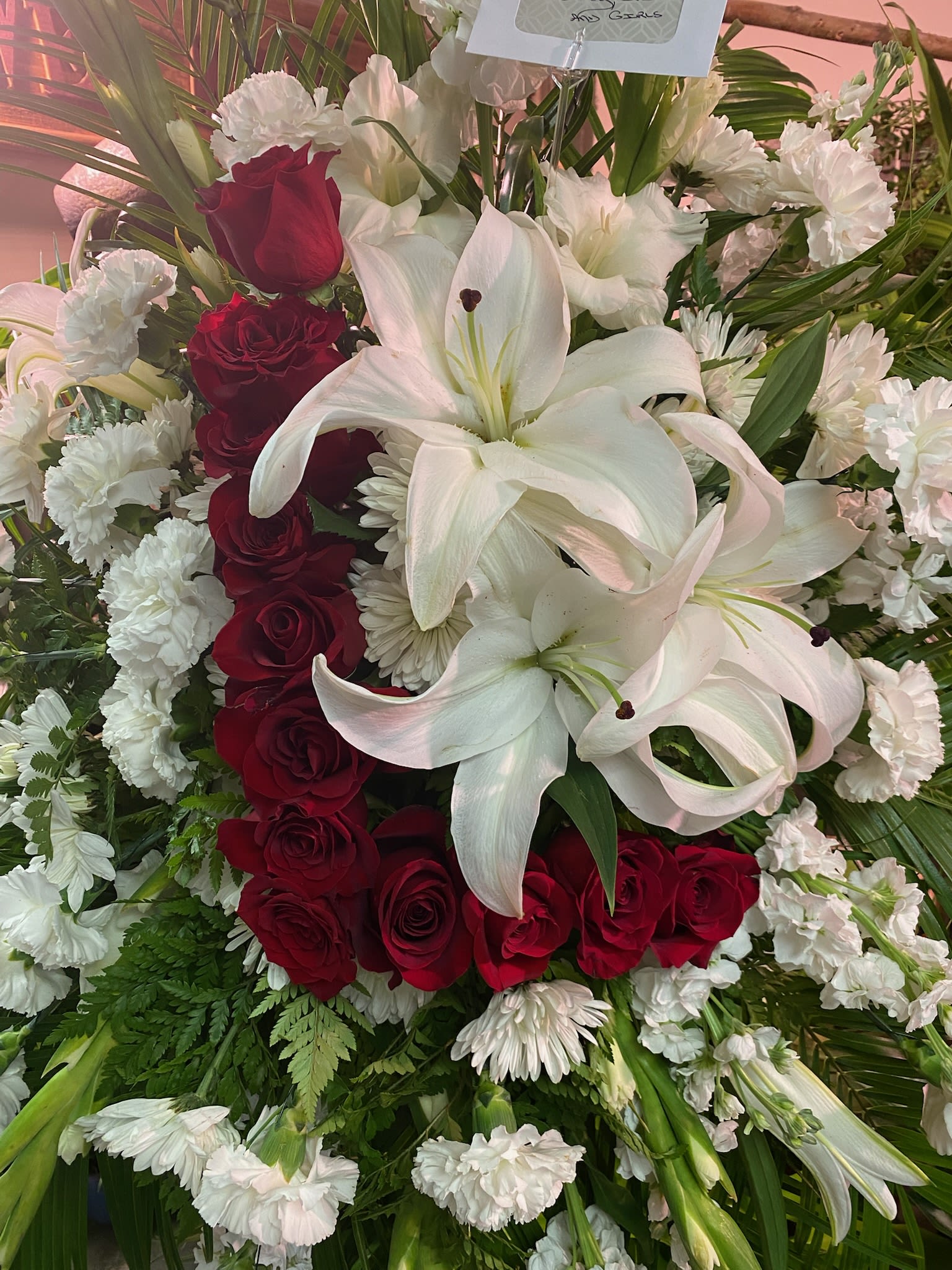 L shaped with Red Roses L shaped with Red Roses - Red Roses and White Lilies, Carnations