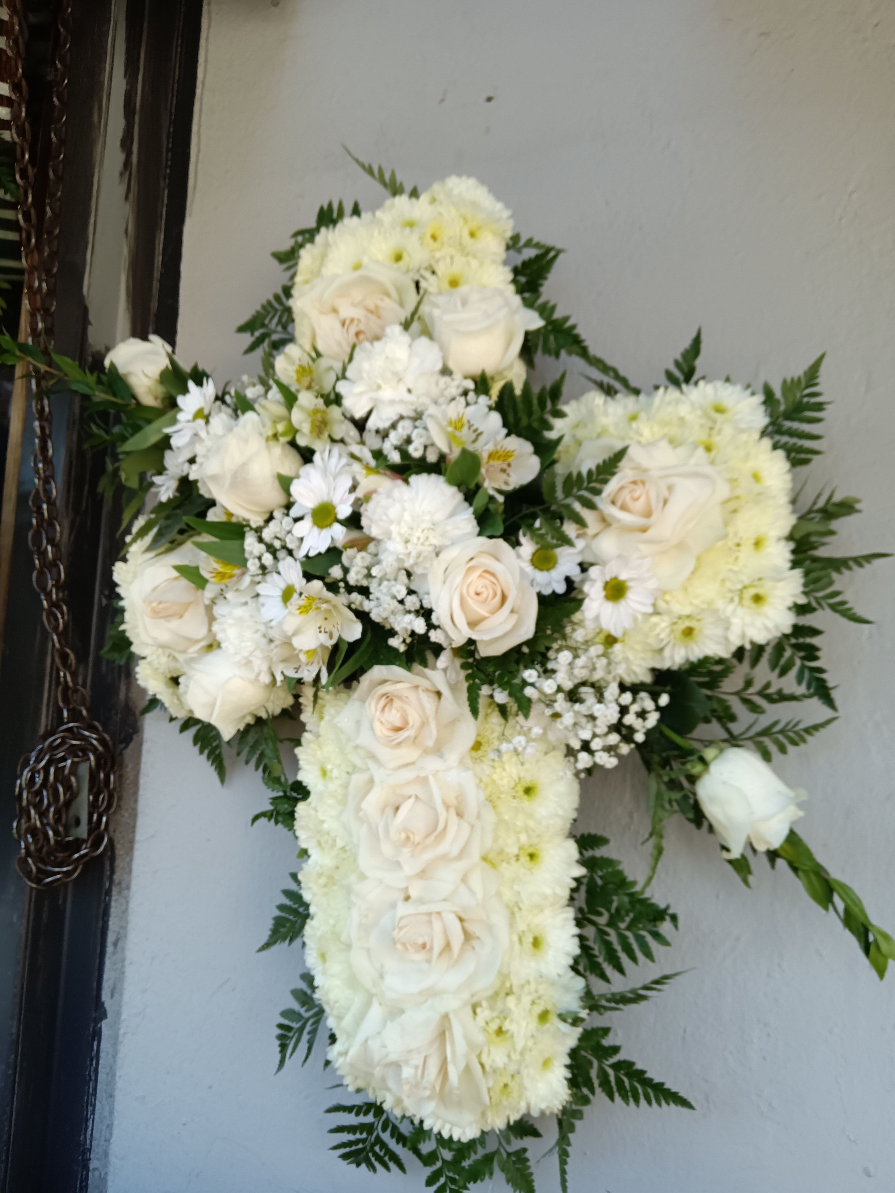 Cross for funeral  - Al White flowers cross shaped on a stand