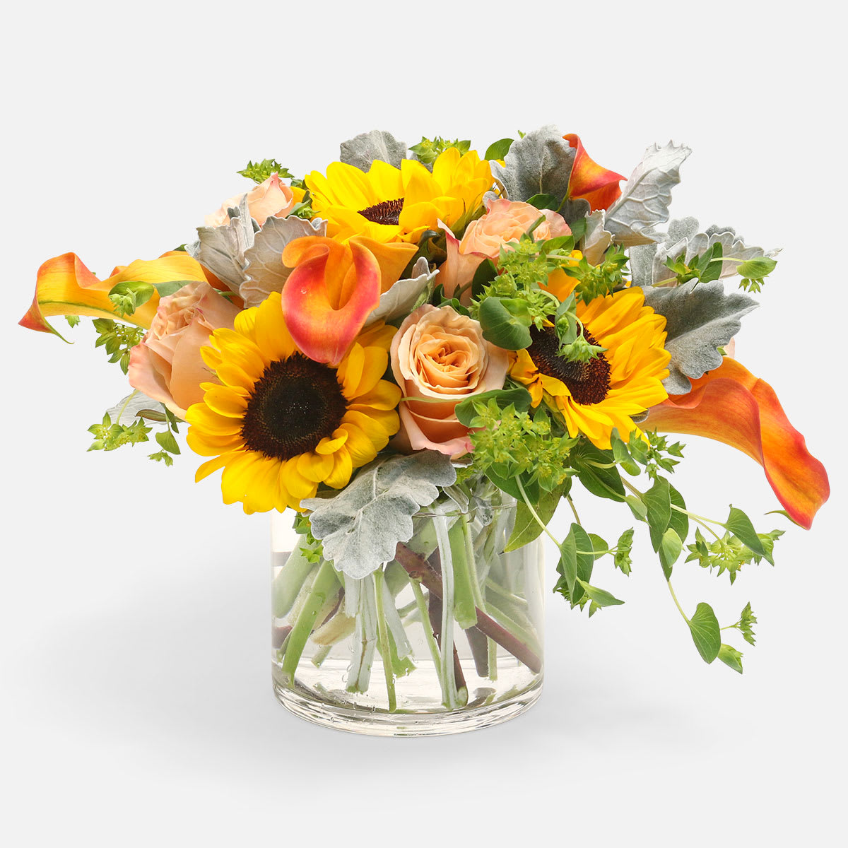 Fire Island - [ Height: 10'' - 11'' | Diameter: 11'' - 12'' ] This arrangement, inspired by a sunset at the iconic summer getaway spot, Fire Island, is sure to be a hit with your recipient.  Vibrant yellow sunflowers, peach roses, and firey orange Calla lilies are the focus of this gorgeous bouquet.   Send beautiful flowers in NYC from your local Manhattan florist, PlantShed.com.
