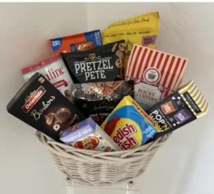 Munchies Gift Basket - a good mixture of Candy, Chocolate, pretzels, popcorn