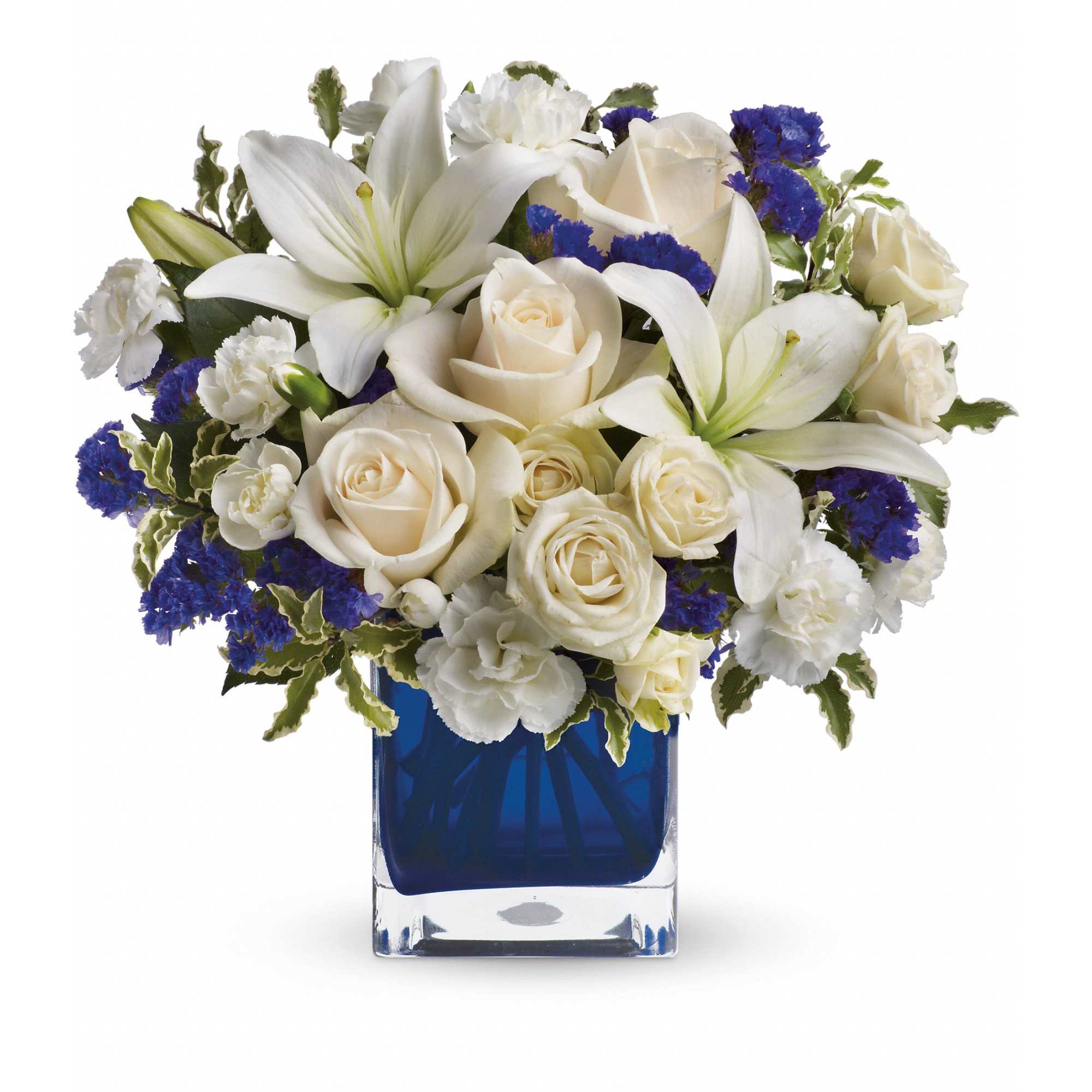 Teleflora's Sapphire Skies Bouquet - Send someone a bit of heaven with this beautiful bouquet. Luxurious crème roses and pure white lilies paint a peaceful picture inside a sapphire blue cube.    Crème roses, white asiatic lilies and white miniature carnations are mixed with bursts of purple statice and green pitta negra. Delivered in a glass Cube.    Approximately 12&quot; W x 11 1/2&quot; H    Orientation: All-Around    As Shown : TEV25-3A  Deluxe : TEV25-3B  Premium : TEV25-3C  