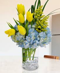 Blue hydrangea Yellow Tulips   - bright cheerful arrangement 