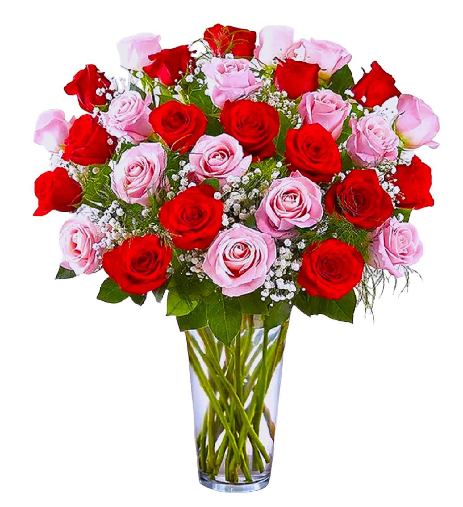 Ultimate Elegance Long Stem Pink &amp; Red Roses Arrangement - Our radiant long-stem roses are the ultimate romantic surprise. Three, four, or five dozen blooms in charming pink &amp; classic red are artistically arranged by our expert florists inside an elegant glass vase and personally hand-delivered to help you express how you feel beautifully.  DETAILS All-around arrangement with 36, 48, or 60 long-stem pink &amp; red roses; accented with baby’s breath and assorted greenery.  VASE INCLUDED Orientation: All-Around Item #NF-854   FLORIST-TO-DOOR Same day flower delivery on most orders placed online by 12 pm or 10 am on weekends PST.  BLOOM DETAILS Roses Baby's Breath Greenery  The Standard Arrangement is approx. 23&quot; H x 18&quot; L. (36 Roses) The Deluxe Arrangement is approx. 23&quot; H x 18&quot; L. (48 Roses) The Premium Arrangement is approx. 23&quot; H x 18&quot; L. (60 Roses)  How to place an order? 1. You can place an order directly on this secure website OR 2. You can call in your order by dialing: (323) 262 - 9238 OR 3. You can visit our store (appointment recommended 323.262.9238)  NINFA'S FLOWERS 2405 WHITTIER BLVD. LOS ANGELES, CA. 90023  ATTENTION: *Please note that on busy holidays, Valentine's Day, and Mother's Day, we cannot verify if the recipient received the flowers until the following day. You can verify delivery on the website after 10:00 pm, call 323.262.9238 the following day after 10:00 am, or contact the recipient directly. Thank you for your patience and understanding.
