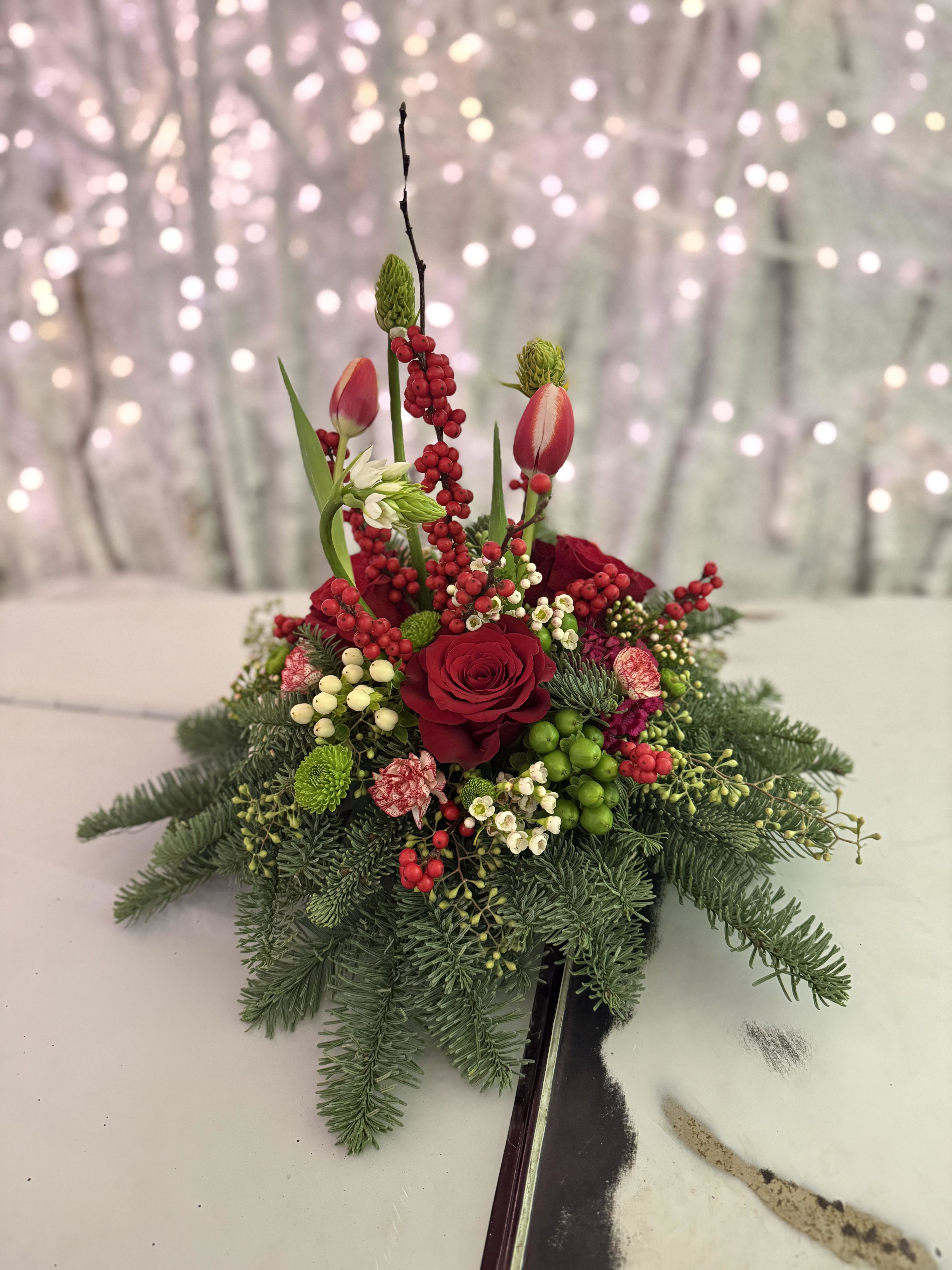 Holiday Centerpiece Arrangement  - A holiday inspired floral arrangement that will bring the warmth and joy of the Christmas season to any home!
