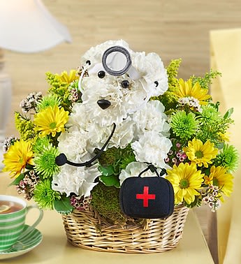 Doggie Howser M.D. Doggie Howser M.D. - Product ID: 95237 EXCLUSIVE Our doggie doctor provides a sure cure for anyone feeling down or under the weather. And best of all, he's always willing to make house calls! This medical mutt, part of our signature a-DOG-able litter, has been hand-crafted by our expert floral "surgeons" from fresh white carnations, vibrant poms, solidago and waxflower. Ready to brighten anyone's day, it's the perfect prescription for creating smiles. Hand-designed a-DOG-able® arrangement of white carnations, poms, solidago, waxflower and variegated pittosporum Crafted by our florists in the shape of an adorable dog, complete with eyes and nose Doggie doctor arrives carrying a plush doctor bag, complete with headpiece and stethoscope Designed in a playful willow dog bed basket lined with moss Arrangement measures approximately 11"H x 11"L Our florists select the freshest flowers available so floral colors and varieties may vary