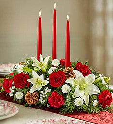TRADITIONAL CENTERPIECE XMAS - XMAS GREENS WHITE AND RED FLOWERS WITH CANDLE