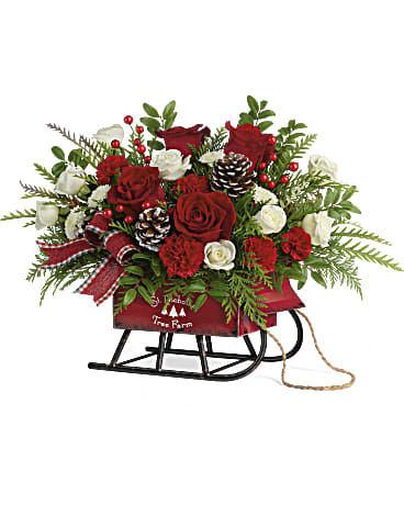 Sleigh Bells Bouquet - flowers in a red sleigh bouquet  container might change based on availability