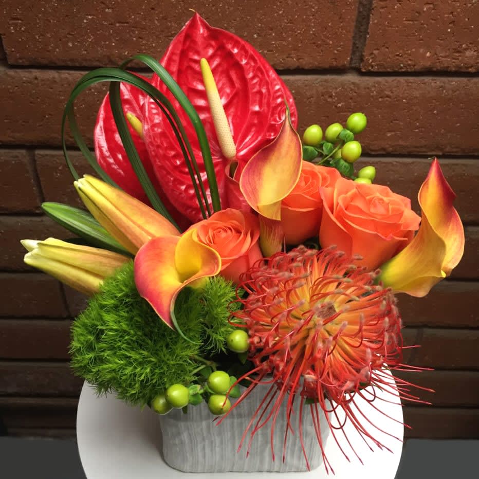 Old Town Summer Salsa Old Town Summer Salsa - For a bouquet that’s blazing hot and spicy with color, choose this mix of roses, lilies, pin cushion protea, hypericum berries, dianthus and exotic anthuriums. It’s an exciting summer salsa of flowers! Overall size of the arrangement is approximately 8in (W) x 10in (H). This cheerful bouquet is hand-arranged by our designers in a white ceramic cube vase. Care Tips: Place your bouquet in a cool location. Don't put the arrangement in direct sunlight, near heating or cooling vents, in drafty places, directly under ceiling fans, or on top of televisions or radiators. Check water level daily, keep the vase full of clean water. Change water every 2-3 days and apply a sharp fresh cut to the stems. This process will ensure extended flower's life span.