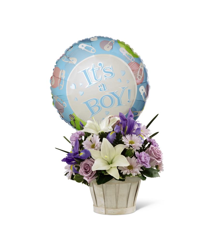 Boys Are Best! Bouquet - The Boys Are Best! Bouquet is blooming with sweet love to  congratulate the new family on their darling baby boy! Lavender roses,  blue iris, lavender carnations, lavender daisies, white Asiatic lilies  and lush greens are beautifully arranged in a round whitewash woodchip  basket. Presented with an air-filled mylar balloon declaring, It's a Boy! this  incredible flower arrangement is the perfect welcome for their new  addition. GOOD bouquet includes 12 stems. Approx. 11H x 13W. BETTER  bouquet includes 15 stems. Approx. 12H x 14W. BEST bouquet includes 19  stems. Approx. 13H x 15W.  Flower substitution will happen based on current floral inventory