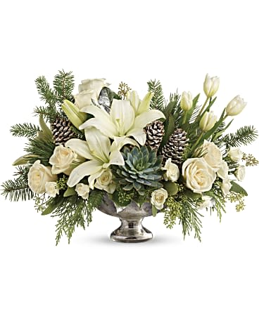 Teleflora's Winter Wilds Centerpiece Teleflora's Winter Wilds Centerpiece - Simply unique, this gorgeous green and winter-white design is artfully hand-arranged in a shimmering mercury glass bowl for a centerpiece beyond compare.