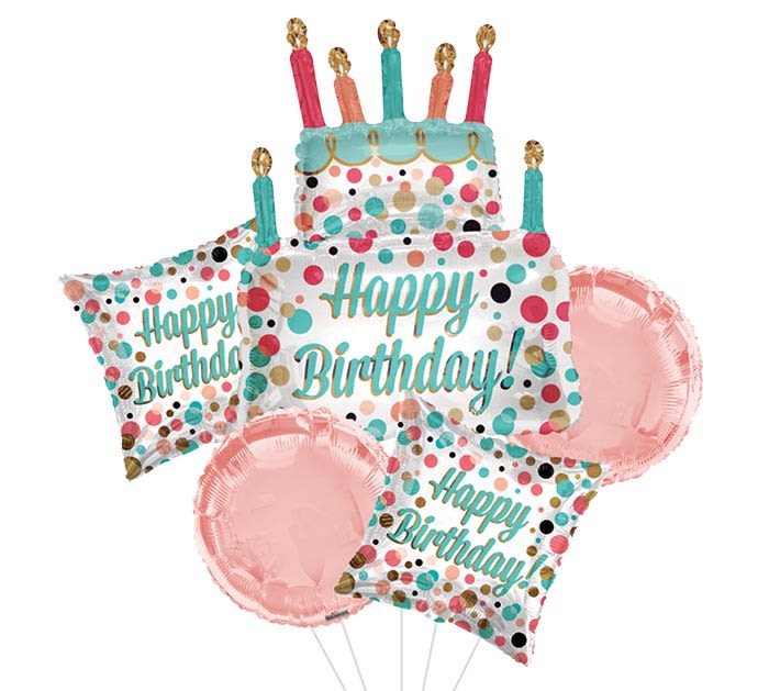 Happy Birthday Cake Mylar Bouquet Happy Birthday Cake Mylar Bouquet - Add a touch of vibrance and fun to any birthday celebration with this beautiful balloon bouquet! Featuring 4 regular-sized balloons in soft light blue, pink, and shimmering gold, plus a charming birthday cake-shaped balloon, this set is perfect for creating a festive atmosphere. The 'Happy Birthday' message adds a heartfelt touch, making it an ideal centerpiece or gift.