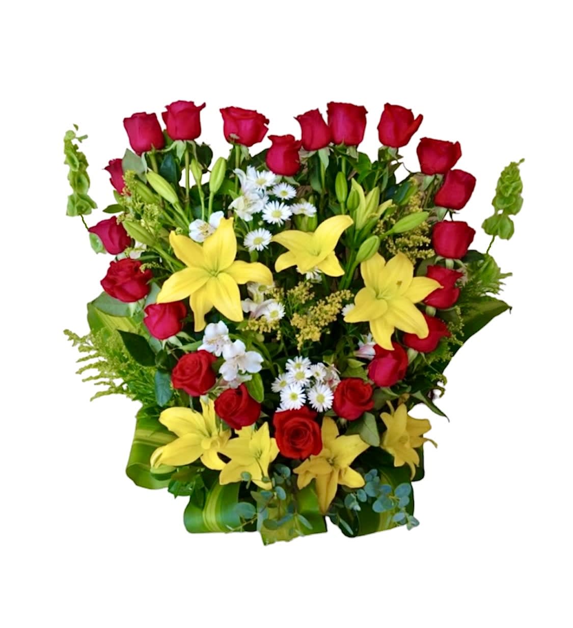 Happy As Can Be - Flower Arrangement - Put a smile on their face - and in their heart - with this happy-as-can-be arrangement! This cheerful gift spreads happiness wherever it goes.   DETAILS Red roses, yellow Asiatic lilies, green bells of Ireland, Daisy-poms, white alstroemerias, and yellow solidago filler, with assorted greenery.  CONTAINER INCLUDED Orientation: One-Sided Item #NF-452  FLORIST-TO-DOOR Same day flower delivery on most orders placed online by 12 pm or 10 am on weekends PST.  BLOOM DETAILS Roses  Asiatic Lily Bells of Ireland Daisy-poms Alstroemerias Solidago Filler Greenery  The Standard Arrangement - (Shown) 21 Red Roses, 7 Yellow Asiatic Lily Blooms &amp; Buds, 2 Green Bells of Ireland,  2 White Multi-blooms Daisy-poms, 3 White Multi-blooms Alstroemerias, Solidago Filler, Greenery  The Deluxe Arrangement - Deluxe - 27 Red Roses, 7 Yellow Asiatic Lily Blooms &amp; Buds, 2 Green Bells of Ireland,  2 White Multi-blooms Daisy-poms, 3 White Multi-blooms Alstroemerias, Solidago Filler, Greenery  The Premium Arrangement - 33 Red Roses, 7 Yellow Asiatic Lily Blooms &amp; Buds, 2 Green Bells of Ireland,  2 White Multi-blooms Daisy-poms, 3 White Multi-blooms Alstroemerias, Solidago Filler, Greenery  NINFA'S FLOWERS 2405 WHITTIER BLVD. LOS ANGELES, CA. 90023