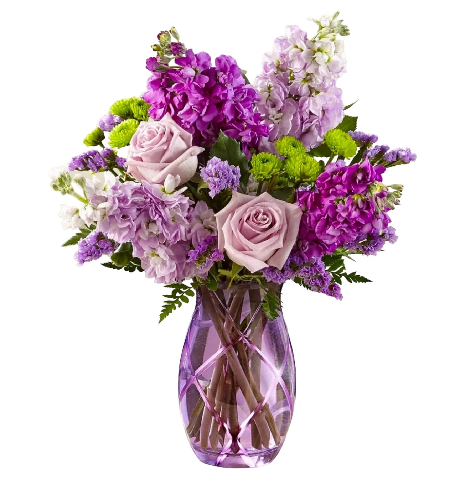 Sweet Devotion - With Green Button-Mums - What a lovely way to express your heartfelt devotion to them with this lovely fresh flower arrangement. This fragrant arrangement in different shades of purple will bring happiness to their day. Surprise them at work and they will be the star among their coworkers.   DETAILS This beautiful arrangement includes lavender roses and stock, pink stock, green button mums, and purple statice.   VASE INCLUDED Item #NF-371 Orientation: All-Around  FLORIST-TO-DOOR Same day flower delivery on most orders placed online by 12 pm or 10 am on weekends PST.  BLOOM DETAILS Roses Stock Button Mums Seasonal Filler Greenery  The Standard Arrangement is approx. 15&quot; H x 11&quot; W. The Deluxe Arrangement is approx. 16&quot; H x 14&quot;W. The Premium Arrangement is approx. 17&quot; H x 15&quot;W.  How to place an order? 1. You can place an order directly on this secure website OR 2. You can call in your order by dialing: (323) 262 - 9238 OR 3. You can visit our store (appointment recommended 323.262.9238)  NINFA'S FLOWERS 2405 WHITTIER BLVD. LOS ANGELES, CA. 90023  ATTENTION: *Please note that on busy holidays, Valentine's Day, and Mother's Day, we cannot verify if the recipient received the flowers until the following day. You can verify delivery on the website after 10:00 pm, call 323.262.9238 the following day after 10:00 am, or contact the recipient directly. Thank you for your patience and understanding.