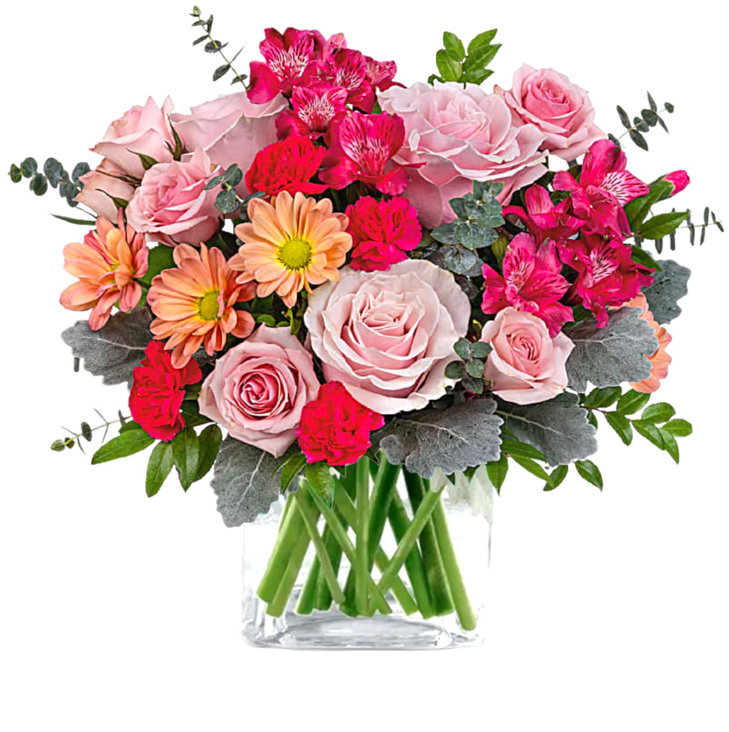 Growing Love Arrangement - The Growing Love Arrangement is X's and O's bundled up into a rosy arrangement! This sweet array of blooms is arranged in a glass cube.  DETAILS Pink roses, pink spray roses, hot pink alstroemerias, miniature hot pink carnations, and daisy spray chrysanthemums are arranged with dusty miller, huckleberry, and spiral eucalyptus.  VASE INCLUDED Orientation: All-Around Item #NF-386  FLORIST-TO-DOOR Same day flower delivery on most orders placed online by 12 pm or 10 am on weekends PST.  BLOOM DETAILS Roses Spray Roses Mini-Carnations Alstroemerias Daisy-Mums Greenery  The Standard Arrangement is approx. 13 1/2&quot; H x 15 3/4&quot; W. The Deluxe Arrangement is approx. 13 1/2&quot; H x 16 3/4&quot; W. The Premium Arrangement is approx. 14&quot; H x 17&quot; W.  How to place an order? 1. You can place an order directly on this secure website OR 2. You can call in your order by dialing: (323) 262 - 9238 OR 3. You can visit our store (appointment recommended 323.262.9238)  NINFA'S FLOWERS 2405 WHITTIER BLVD. LOS ANGELES, CA. 90023  ATTENTION: *Please note that on busy holidays, Valentine's Day, and Mother's Day, we cannot verify if the recipient received the flowers until the following day. You can verify delivery on the website after 10:00 pm, call 323.262.9238 the following day after 10:00 am, or contact the recipient directly. Thank you for your patience and understanding.
