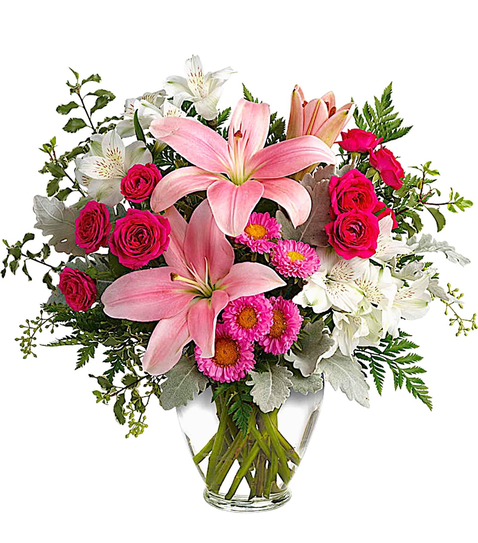 Blush Rush Arrangement - Sure to make them blush! Spoil them on a special day, or just because, with this luxurious lily arrangement in gorgeous shades of blush pink.  DETAILS This pretty bouquet features hot pink spray roses, pink Asiatic lilies, white alstroemeria, pink Matsumoto asters, seeded eucalyptus, leatherleaf fern, dusty miller, and pitta negra.  VASE INCLUDED Orientation: One-Sided Item #NF-961  FLORIST-TO-DOOR Same day flower delivery on most orders placed online by 12 pm or 10 am on weekends PST.  BLOOM DETAILS Spray Roses Asiatic Lilies Matsumoto Asters Alstroemeria Greenery  The Standard Arrangement is approx. 15 1/2&quot; H x 16 1/2&quot; W. The Deluxe Arrangement is approx. 16 1/4&quot; H x 16 1/2&quot; W. The Premium Arrangement is approx.16 1/2&quot; H x 16 3/4&quot; W.  How to place an order?  1. You can place an order directly on this secure website. OR 2. You can call in your order by dialing: (323) 262 - 9238. OR 3. You can visit our store (appointment recommended 323.262.9238)  NINFA'S FLOWERS 2405 WHITTIER BLVD. LOS ANGELES, CA. 90023  ATTENTION: *Please note that on busy holidays, Valentine's Day, and Mother's Day, we cannot verify if the recipient received the flowers until the following day. You can verify delivery on the website after 10:00 pm, call 323.262.9238 the following day after 10:00 am, or contact the recipient directly. Thank you for your patience and understanding.