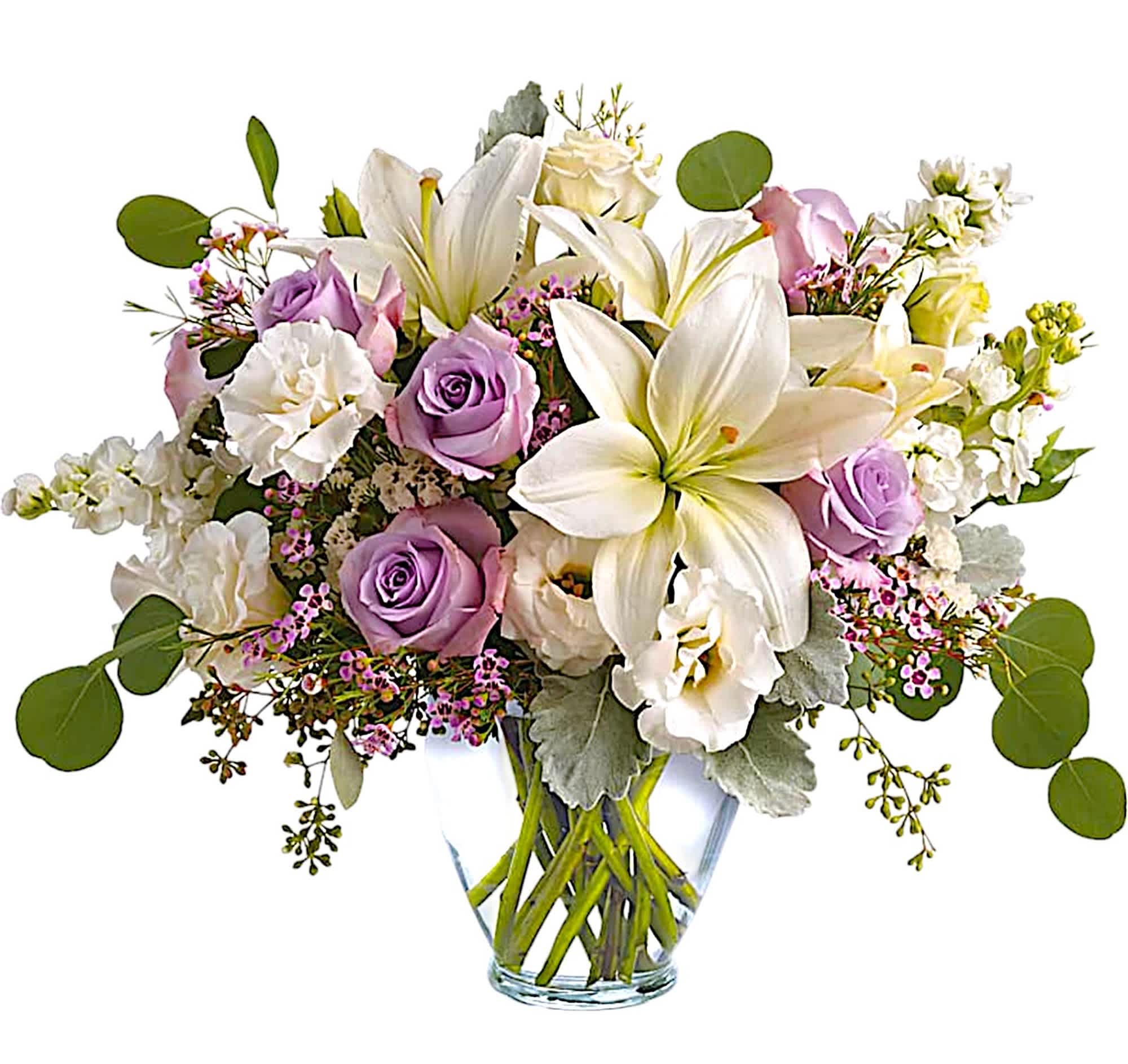 Lovely Luxe  - Luxe in love! Pale lavender roses, creamy white lilies and delicate greens create a soft, romantic arrangement that's as tender as your feelings.  DETAILS Lavender roses, white Asiatic lilies, white lisianthus, white stock, lavender waxflower, and white statice are accented with dusty miller, seeded eucalyptus, and silver dollar eucalyptus.  VASE INCLUDED Orientation: All-Around Item #NF-399  FLORIST-TO-DOOR Same day flower delivery on most orders placed online by 12 pm or 10 am on weekends PST.  BLOOM DETAILS Roses Asiatic Lilies Stock Lisianthus Waxflower Filler Greenery  The Standard Arrangement is approx. 15 1/4&quot; H x 18 1/2&quot; W. The Deluxe Arrangement is approx. 15 1/4&quot; H x 18 1/2&quot; W. The Premium Arrangement is approx. 16&quot; H x 19 1/2&quot; W.  How to place an order? 1. You can place an order directly on this secure website OR 2. You can call in your order by dialing: (323) 262 - 9238 OR 3. You can visit our store (appointment recommended 323.262.9238)  NINFA'S FLOWERS 2405 WHITTIER BLVD. LOS ANGELES, CA. 90023  ATTENTION: *Please note that on busy holidays, Valentine's Day, and Mother's Day, we cannot verify if the recipient received the flowers until the following day. You can verify delivery on the website after 10:00 pm, call 323.262.9238 the following day after 10:00 am, or contact the recipient directly. Thank you for your patience and understanding.
