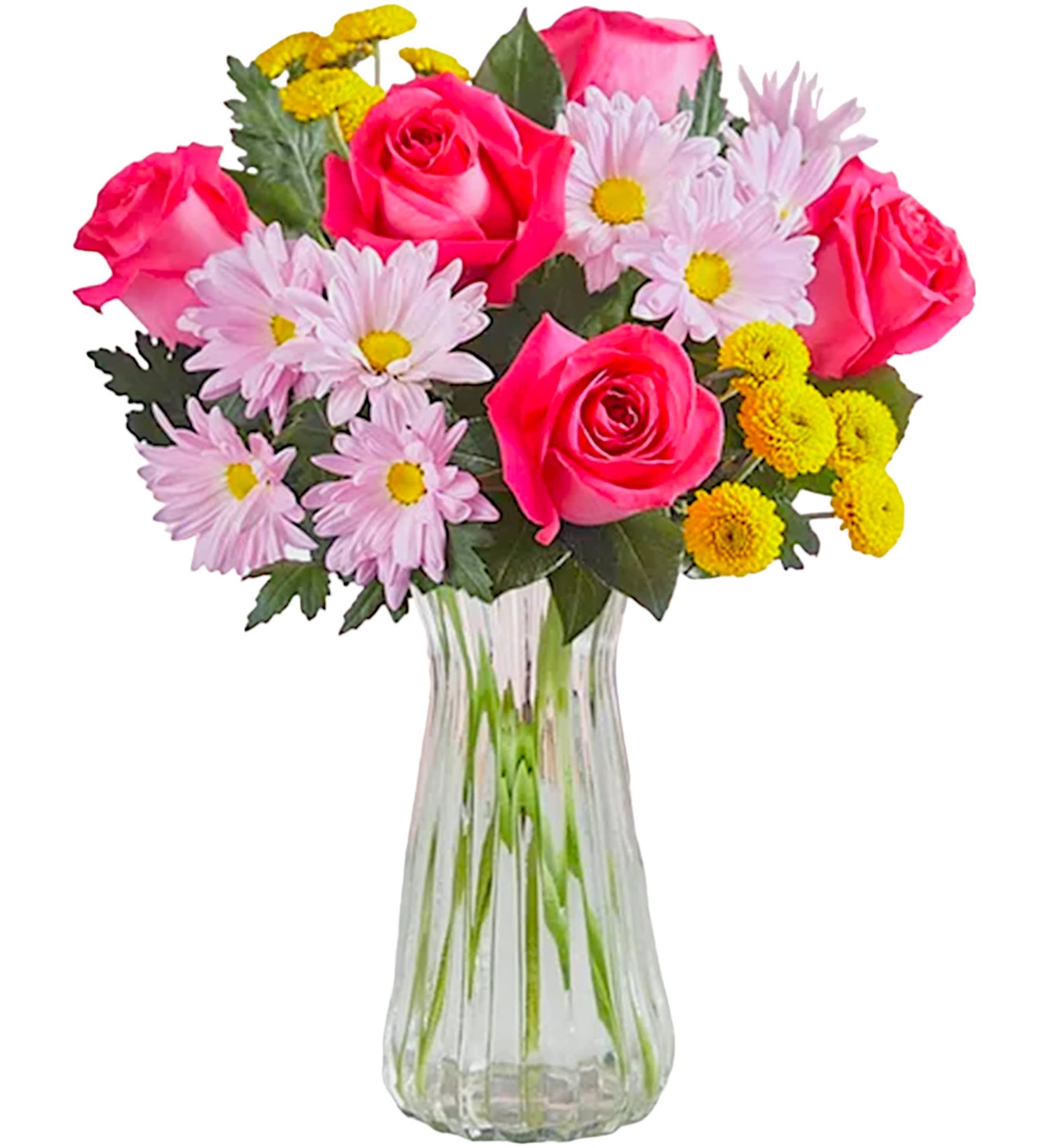 Spring Cheer Arrangement - Here’s to the most cheerful season of the year! Our vibrant gathering of blooms in pink, yellow and lavender brings all the happy anticipation of spring. Perfect for brightening birthdays, anniversaries and milestone moments.  DETAILS All-around arrangement of pink roses, yellow poms and lavender daisy poms  VASE INCLUDED Orientation: All-Around Item #NF-317  FLORIST-TO-DOOR Same day flower delivery on most orders placed online by 12 pm or 10 am on weekends PST.  BLOOM DETAILS Roses Daisy-Mums Button-Mums Greenery  The Standard Arrangement with clear glass vase. The Deluxe Arrangement with clear glass vase. The Premium Arrangement with clear glass vase.  How to place an order? 1. You can place an order directly on this secure website OR 2. You can call in your order by dialing: (323) 262 - 9238 OR 3. You can visit our store (appointment recommended 323.262.9238)  NINFA'S FLOWERS 2405 WHITTIER BLVD. LOS ANGELES, CA. 90023  ATTENTION: *Please note that on busy holidays, Valentine's Day, and Mother's Day, we cannot verify if the recipient received the flowers until the following day. You can verify delivery on the website after 10:00 pm, call 323.262.9238 the following day after 10:00 am, or contact the recipient directly. Thank you for your patience and understanding.