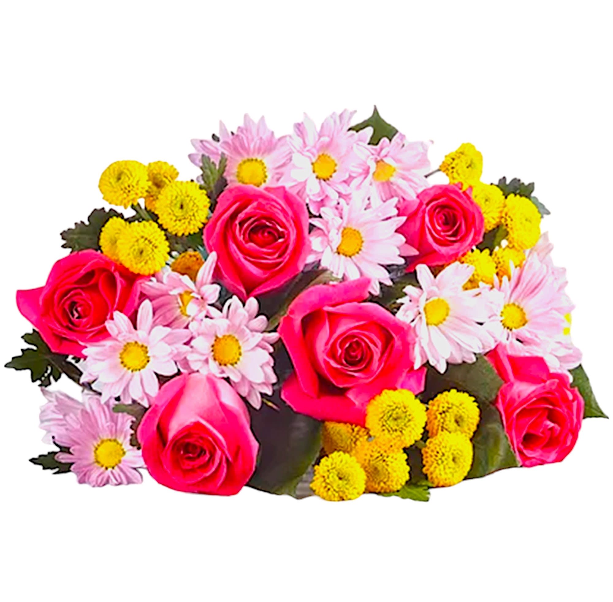 Spring Cheer Bouquet - Here’s to the most cheerful season of the year! Our vibrant gathering of blooms in pink, yellow and lavender brings all the happy anticipation of spring. Perfect for brightening birthdays, anniversaries and milestone moments.  DETAILS All-around bouquet of pink roses, yellow poms and lavender daisy poms.  VASE NOT INCLUDED Orientation: All-Around Item #NF-897  FLORIST-TO-DOOR Same day flower delivery on most orders placed online by 12 pm or 10 am on weekends PST.  BLOOM DETAILS Roses Daisy-Mums Button-Mums Greenery  The Standard Bouquet - does not include vase and is wrapped in paper. The Deluxe Bouquet - does not include vase and is wrapped in paper. The Premium Bouquet - does not include vase and is wrapped in paper.  How to place an order? 1. You can place an order directly on this secure website OR 2. You can call in your order by dialing: (323) 262 - 9238 OR 3. You can visit our store (appointment recommended 323.262.9238)  NINFA'S FLOWERS 2405 WHITTIER BLVD. LOS ANGELES, CA. 90023  ATTENTION: *Please note that on busy holidays, Valentine's Day, and Mother's Day, we cannot verify if the recipient received the flowers until the following day. You can verify delivery on the website after 10:00 pm, call 323.262.9238 the following day after 10:00 am, or contact the recipient directly. Thank you for your patience and understanding.