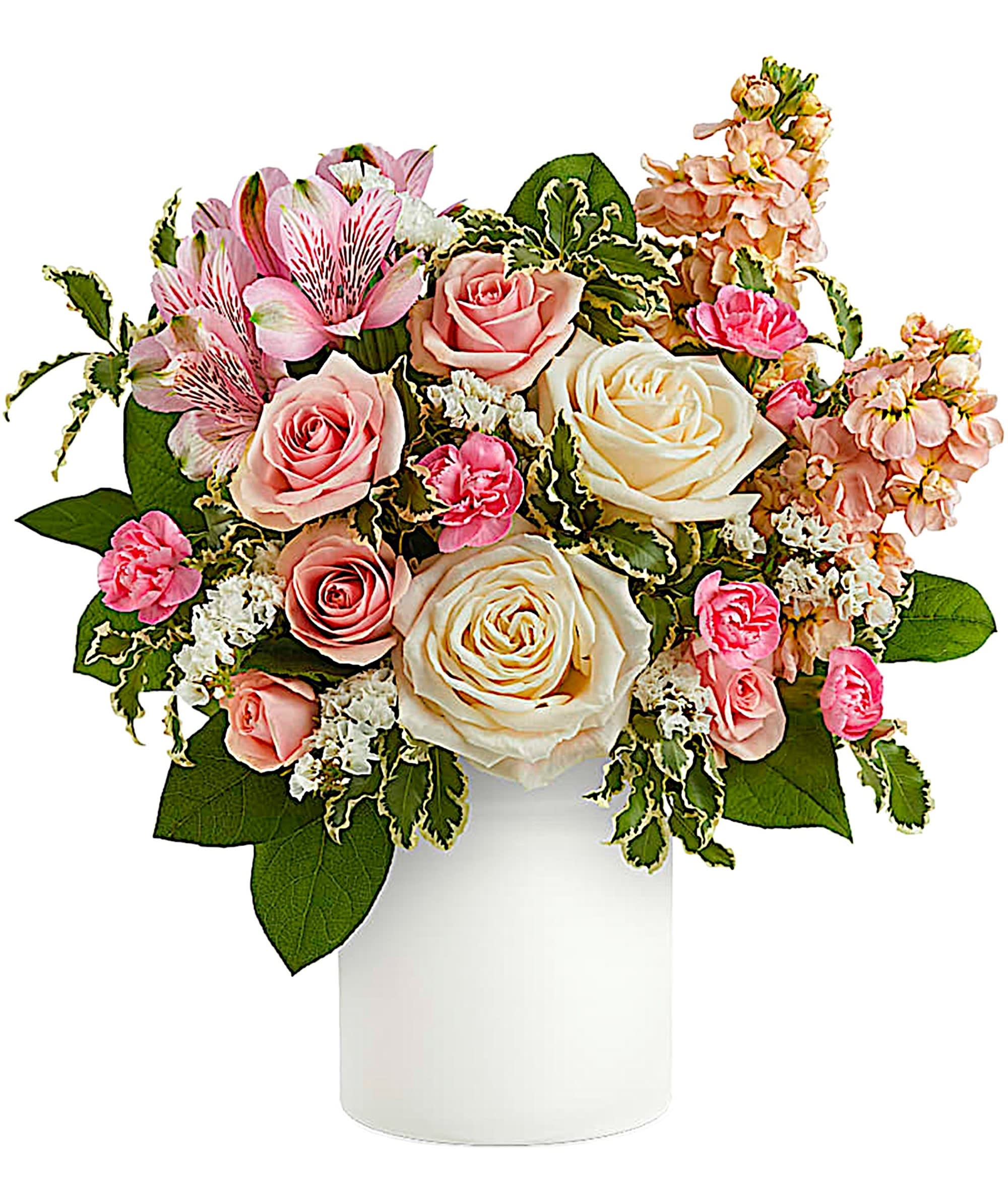 Pastel Party - Make her feel like the princess she is with this perfect pastel rose arrangement, gathered in a painted white glass vase.  DETAILS Crème roses, pink spray roses, pink alstroemeria, miniature pink carnations, pink stock and white statice are arranged with pitta negra and lemon leaf.  VASE INCLUDED Orientation: All-Around Item #NF-426  FLORIST-TO-DOOR Same day flower delivery on most orders placed online by 12 pm or 10 am on weekends PST.  BLOOM DETAILS Roses Stock Alstroemerias Mini-Carnations Statice Filler Greenery  The Standard Arrangement is approx. 14 1/2&quot; H x 13 1/2&quot; W. The Deluxe Arrangement is approx. 14 1/2&quot; H x 13 1/2&quot; W. The Premium Arrangement is approx. 14 1/2&quot; H x 15&quot; W.  How to place an order? 1. You can place an order directly on this secure website OR 2. You can call in your order by dialing: (323) 262 - 9238 OR 3. You can visit our store (appointment recommended 323.262.9238)  NINFA'S FLOWERS 2405 WHITTIER BLVD. LOS ANGELES, CA. 90023  ATTENTION: *Please note that on busy holidays, Valentine's Day, and Mother's Day, we cannot verify if the recipient received the flowers until the following day. You can verify delivery on the website after 10:00 pm, call 323.262.9238 the following day after 10:00 am, or contact the recipient directly. Thank you for your patience and understanding.