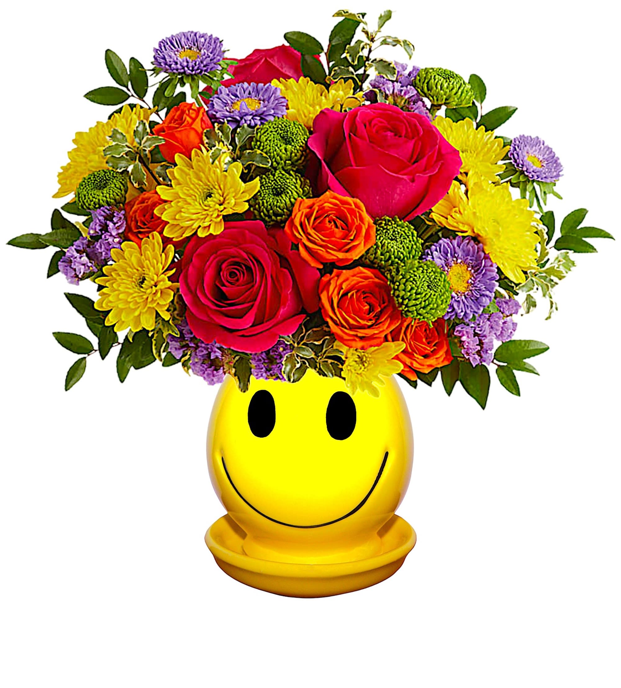 Choose Happy - Happiness, delivered! Colorful roses in a cheerful ceramic planter are the quickest way to turn any day into a GREAT day.  DETAILS Hot pink roses, orange spray roses, lavender Matsumoto asters, green button spray chrysanthemums, yellow cushion spray chrysanthemums and lavender statice are arranged with huckleberry and pitta Negra. Delivered in a planter.  PLANTER INCLUDED Orientation: All-Around Item #NF-268  FLORIST-TO-DOOR Same day flower delivery on most orders placed online by 12 pm or 10 am on weekends PST.  BLOOM DETAILS Roses Spray Roses Matsumoto-Asters Cushion-Mums Button-Mums Statice Filler Greenery  The Standard Arrangement is approx. 11 1/2&quot; H x 13 1/2&quot; W. The Deluxe Arrangement is approx. 12&quot; H x 13 1/2&quot; W. The Premium Arrangement is approx. 12&quot; H x 14&quot; W.  How to place an order? 1. You can place an order directly on this secure website OR 2. You can call in your order by dialing: (323) 262 - 9238 OR 3. You can visit our store (appointment recommended 323.262.9238)  NINFA'S FLOWERS 2405 WHITTIER BLVD. LOS ANGELES, CA. 90023  ATTENTION: *Please note that on busy holidays, Valentine's Day, and Mother's Day, we cannot verify if the recipient received the flowers until the following day. You can verify delivery on the website after 10:00 pm, call 323.262.9238 the following day after 10:00 am, or contact the recipient directly. Thank you for your patience and understanding.
