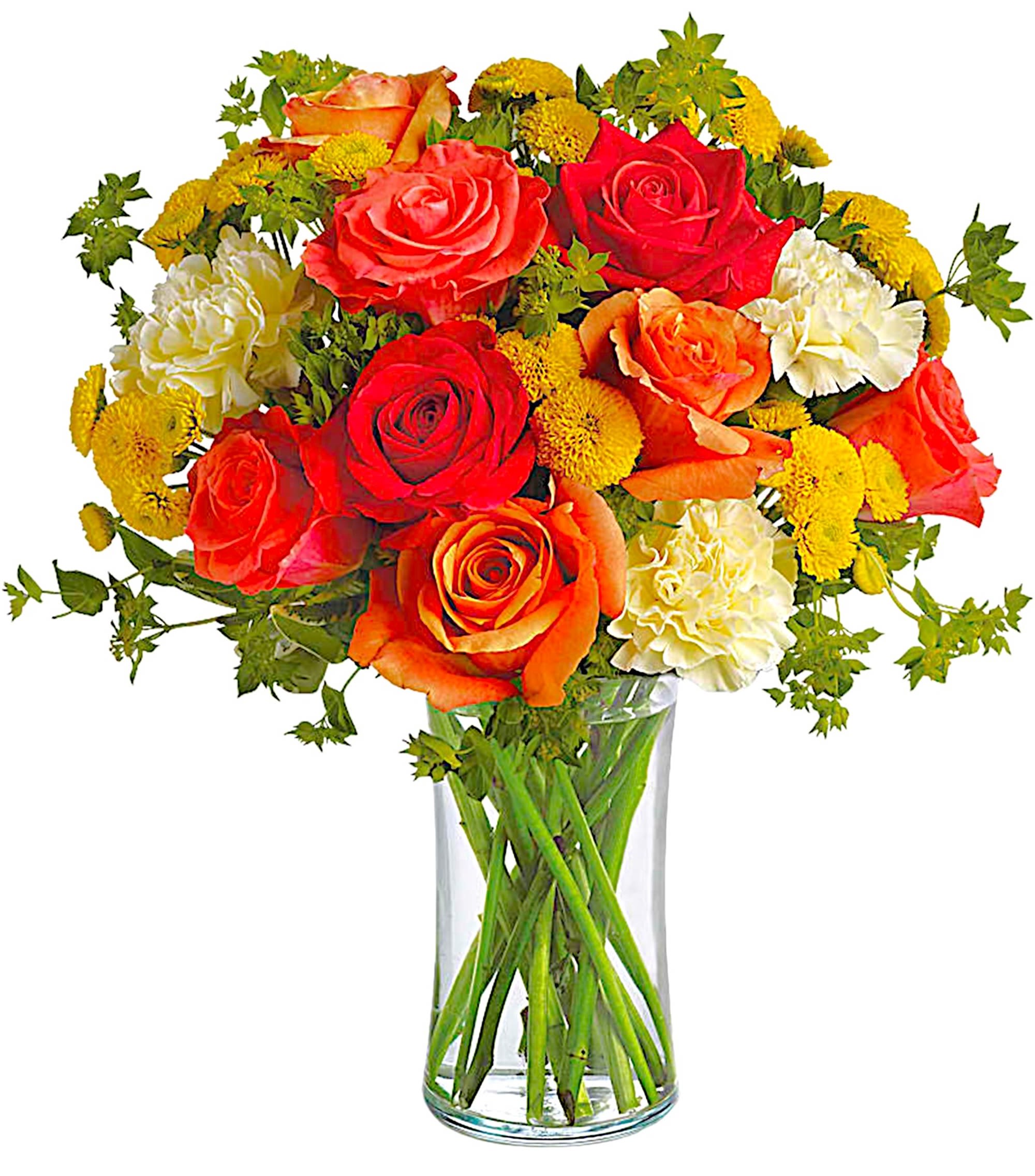 Citrus Kissed - As warm and inviting as a day at the beach or summer sunrise, this invigorating arrangement of mouthwatering orange flowers is a gorgeous expression of your love or friendship.  DETAILS Dark orange, orange and coral roses are gathered with light yellow carnations, yellow button mums and fresh green bupleurum and pittosporum in a simple glass gathering vase.  VASE INCLUDED Orientation: All-Around Item #NF-74  FLORIST-TO-DOOR Same day flower delivery on most orders placed online by 12 pm or 10 am on weekends PST.  BLOOM DETAILS Roses Spray Roses Mini-Carnations Button-Mums Greenery  The Standard Arrangement is approx. 8&quot; H x 8&quot; W. The Deluxe Arrangement is approx. 9&quot; H x 9&quot; W. The Premium Arrangement is approx. 9 1/2&quot; H x 9&quot; W.  How to place an order? 1. You can place an order directly on this secure website OR 2. You can call in your order by dialing: (323) 262 - 9238 OR 3. You can visit our store (appointment recommended 323.262.9238)  NINFA'S FLOWERS 2405 WHITTIER BLVD. LOS ANGELES, CA. 90023  ATTENTION: *Please note that on busy holidays, Valentine's Day, and Mother's Day, we cannot verify if the recipient received the flowers until the following day. You can verify delivery on the website after 10:00 pm, call 323.262.9238 the following day after 10:00 am, or contact the recipient directly. Thank you for your patience and understanding. 
