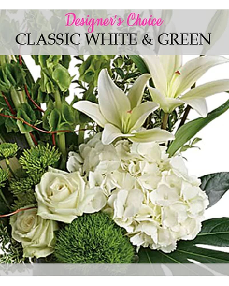 Designer's Choice - Classic White &amp; Green arrangement - - Designer's Choice arrangement using our freshest seasonal flowers in whites and greens artfully designed in a vase.
