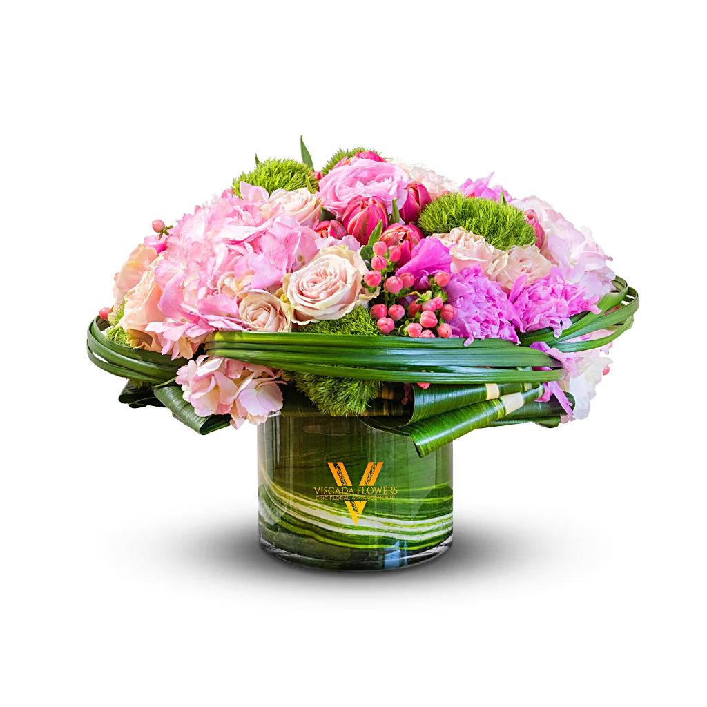 Blushing Paradise - A captivating bouquet with pink and white roses, light pink hydrangeas, pink tulips, and greenery. Perfect for creating a romantic and blissful ambiance.