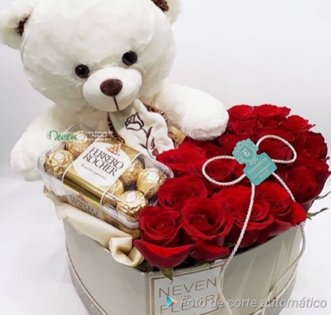 caja oso corazon - caja orazon con rosas rojas  chocolates y muñecos