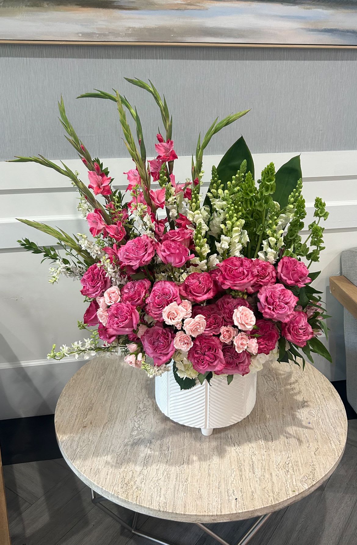 Pink Floyd  - Amazing modern arrangement in a beautiful white ceramic with a premium selection of white hydrangeas , calla Lilis,  White snaps and pink heart roses 